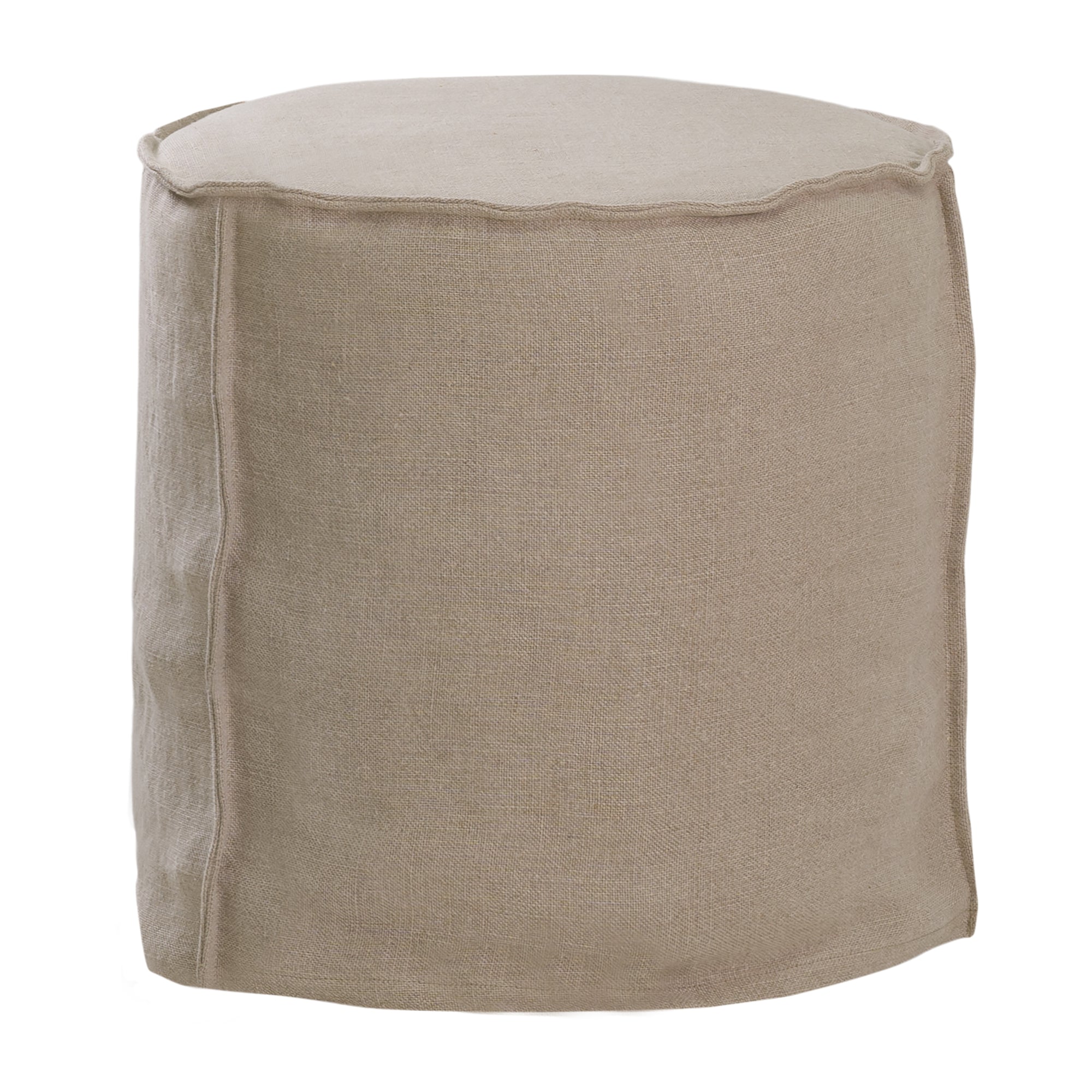 A linen slipcover pouf with a soft, rounded silhouette. This versatile upholstered ottoman offers a relaxed, natural aesthetic, perfect for adding extra seating or a stylish accent to any space.