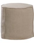 A linen slipcover pouf with a soft, rounded silhouette. This versatile upholstered ottoman offers a relaxed, natural aesthetic, perfect for adding extra seating or a stylish accent to any space.