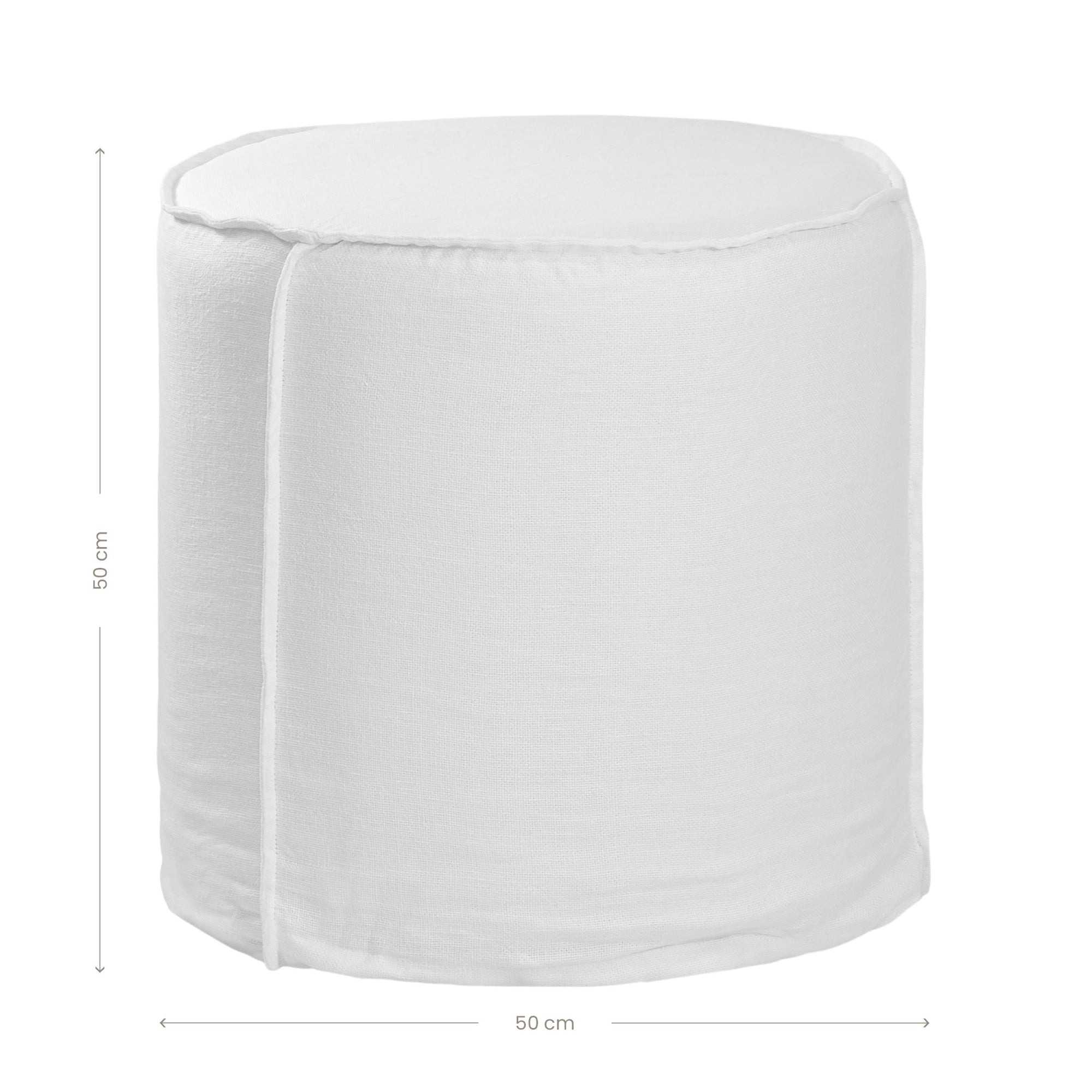 A linen slipcover pouf with a soft, rounded silhouette. This versatile upholstered ottoman offers a relaxed, natural aesthetic, perfect for adding extra seating or a stylish accent to any space.