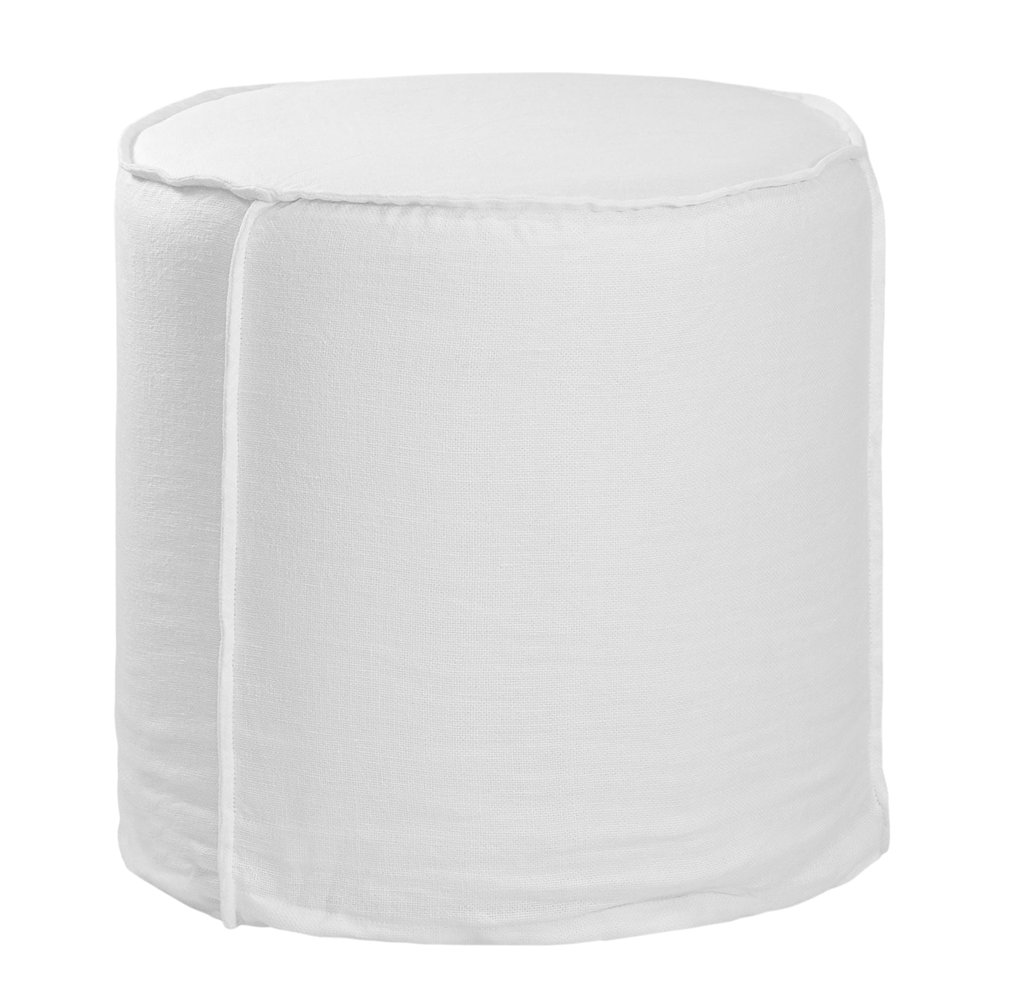 A linen slipcover pouf with a soft, rounded silhouette. This versatile upholstered ottoman offers a relaxed, natural aesthetic, perfect for adding extra seating or a stylish accent to any space.