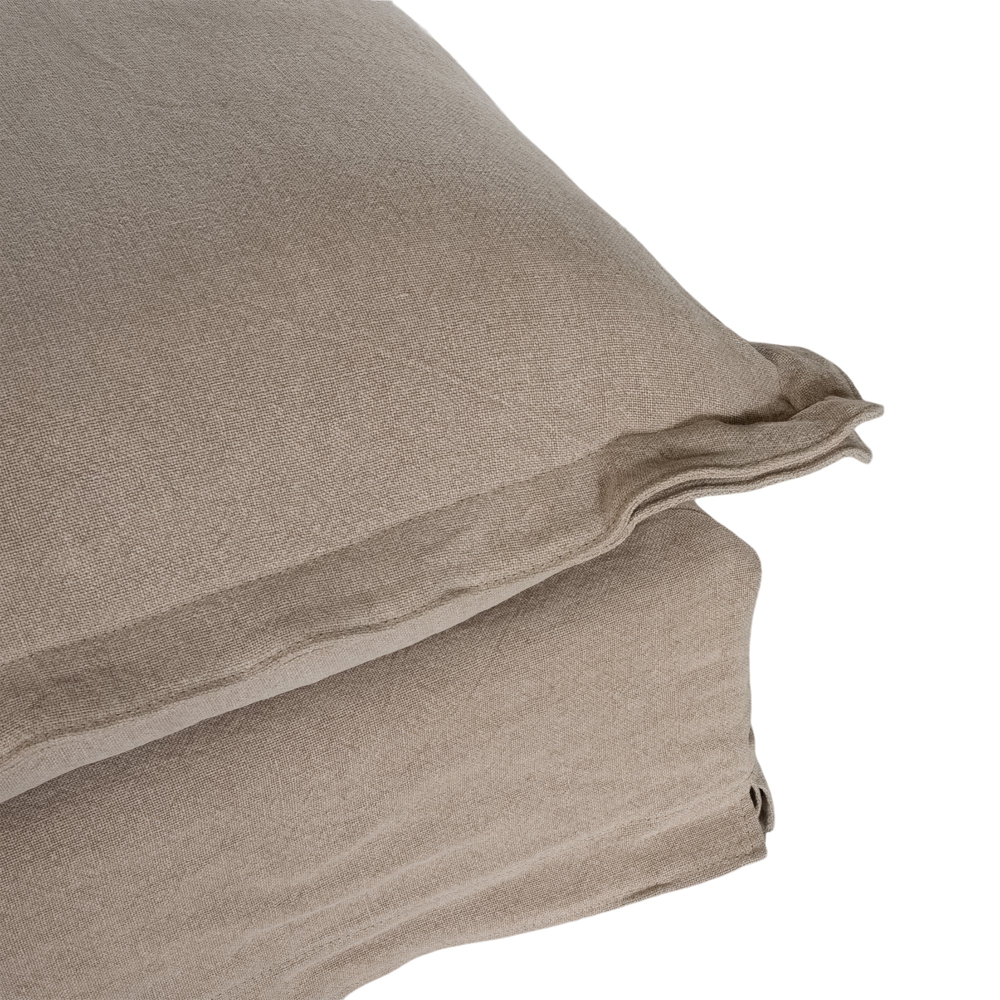 A plush linen slipcover ottoman in a warm taupe tone, featuring a relaxed silhouette with a soft cushion top. Perfect for versatile seating, a footrest, or as a stylish accent in contemporary and coastal-inspired interiors