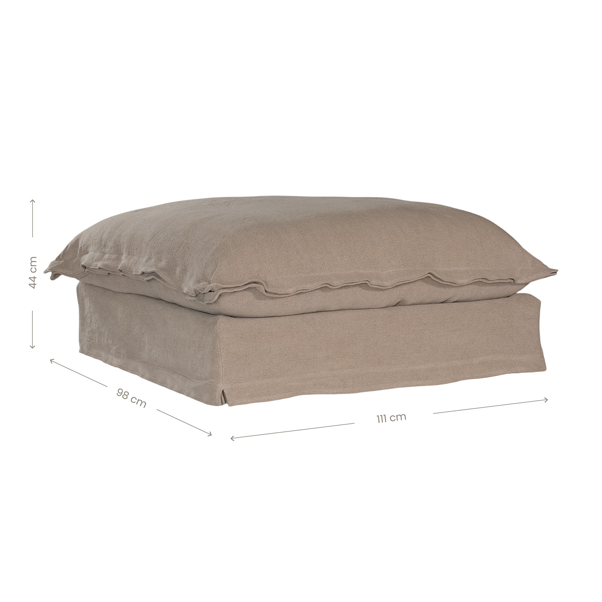 A plush linen slipcover ottoman in a warm taupe tone, featuring a relaxed silhouette with a soft cushion top. Perfect for versatile seating, a footrest, or as a stylish accent in contemporary and coastal-inspired interiors