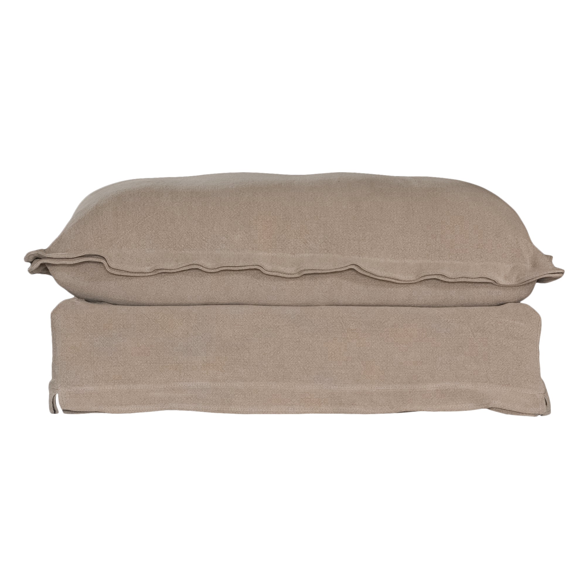 A plush linen slipcover ottoman in a warm taupe tone, featuring a relaxed silhouette with a soft cushion top. Perfect for versatile seating, a footrest, or as a stylish accent in contemporary and coastal-inspired interiors