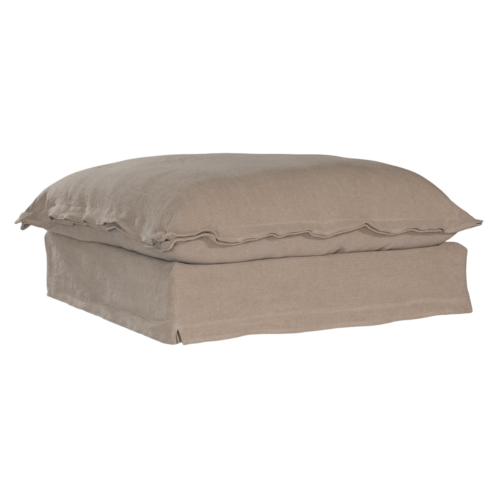A plush linen slipcover ottoman in a warm taupe tone, featuring a relaxed silhouette with a soft cushion top. Perfect for versatile seating, a footrest, or as a stylish accent in contemporary and coastal-inspired interiors