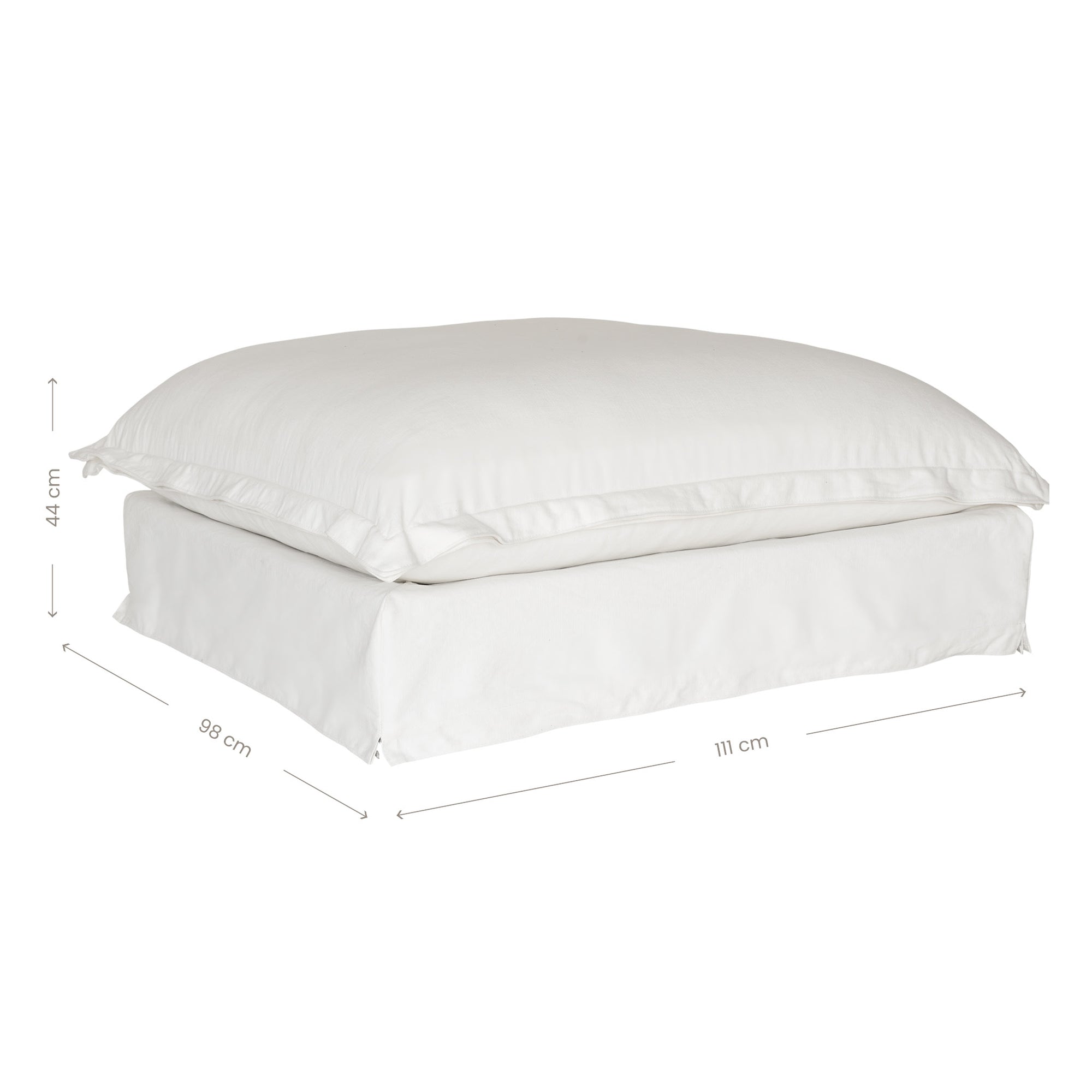 Karima Linen Ottoman Footstool Pouf - KULALA Iiving. A plush linen slipcover ottoman in a cool white tone, featuring a relaxed silhouette with a soft cushion top. Perfect for versatile seating, a footrest, or as a stylish accent in contemporary and coastal-inspired interiors