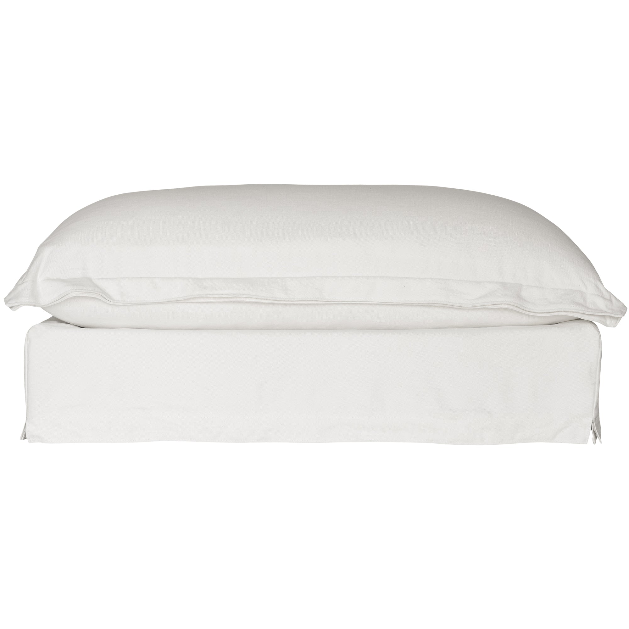 A plush linen slipcover ottoman in a cool white tone, featuring a relaxed silhouette with a soft cushion top. Perfect for versatile seating, a footrest, or as a stylish accent in contemporary and coastal-inspired interiors