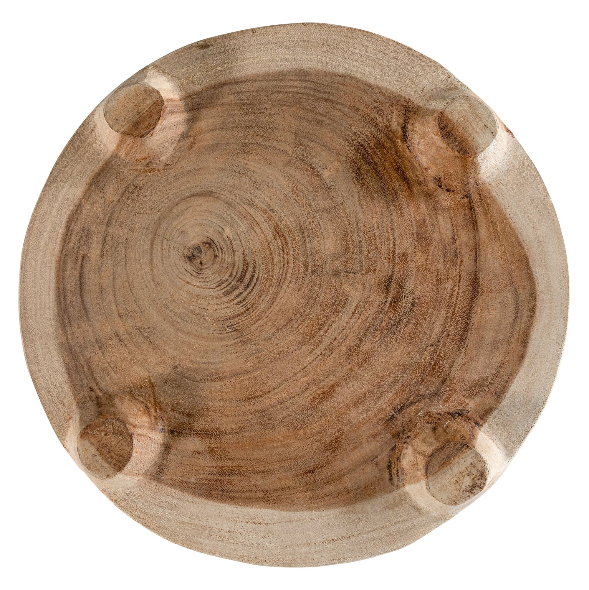 Lumara cheese plate in solid natural wood with round profile, visible timber grain and low pedestal feet.