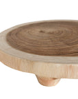 Lumara cheese plate in solid natural wood with round profile, visible timber grain and low pedestal feet.