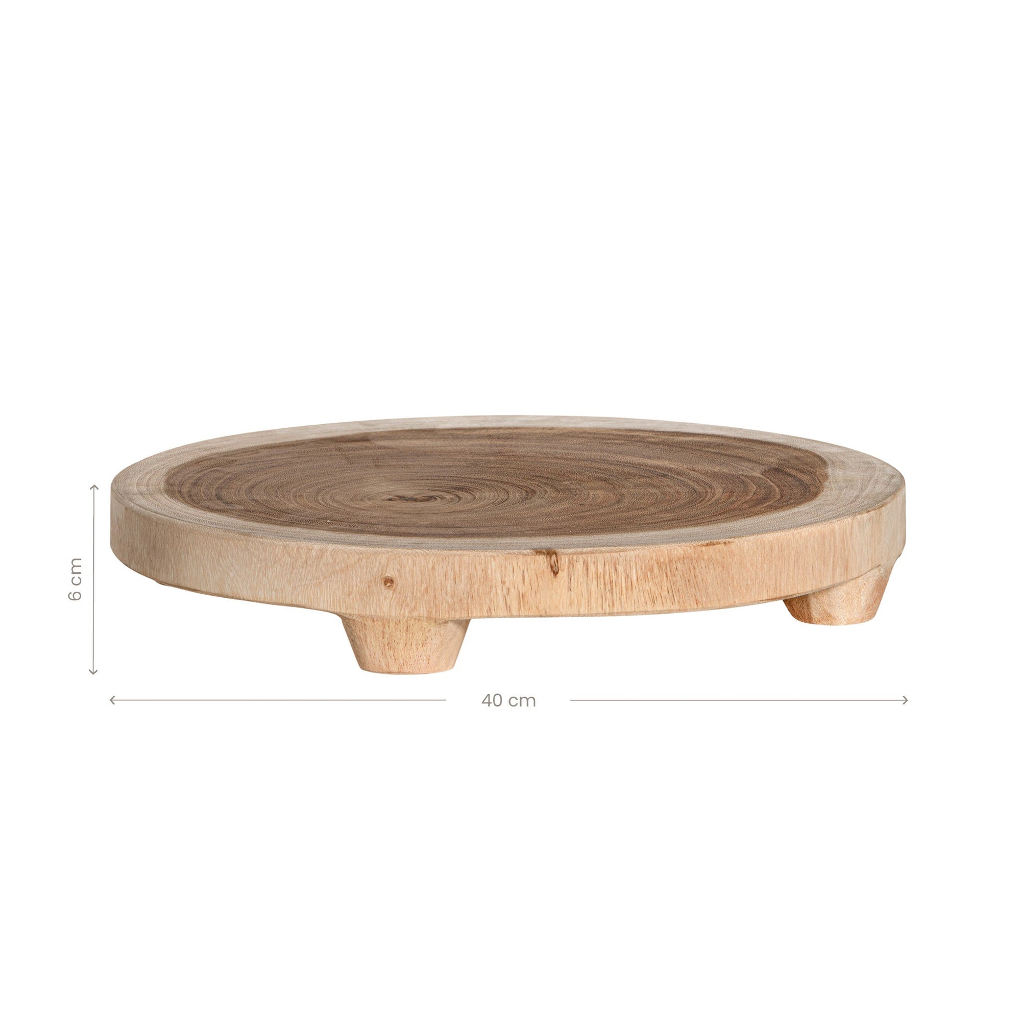 Lumara cheese plate in solid natural wood with round profile, visible timber grain and low pedestal feet.