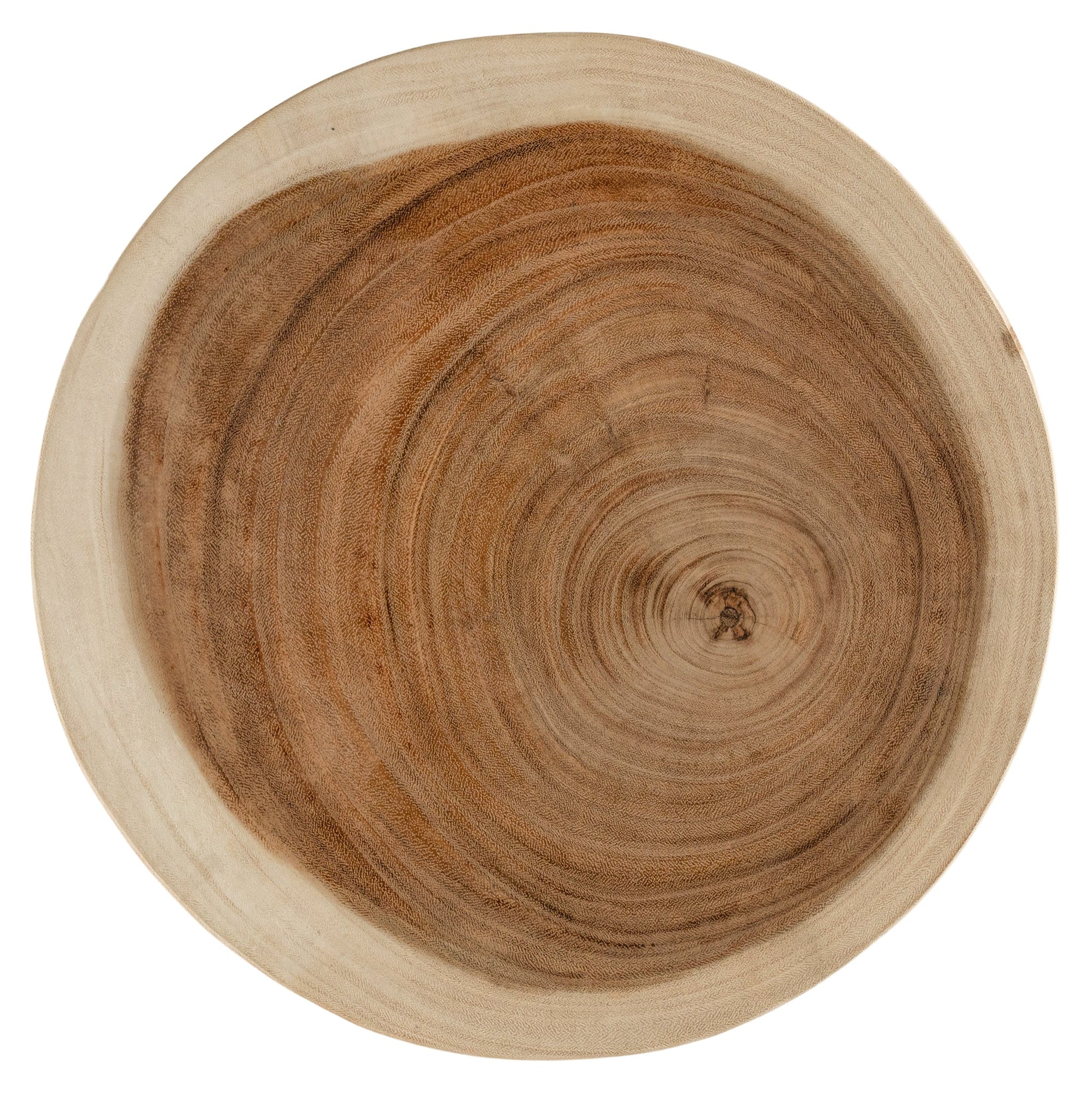 Lumara cheese plate in solid natural wood with round profile, visible timber grain and low pedestal feet.