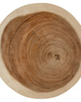 Lumara cheese plate in solid natural wood with round profile, visible timber grain and low pedestal feet.