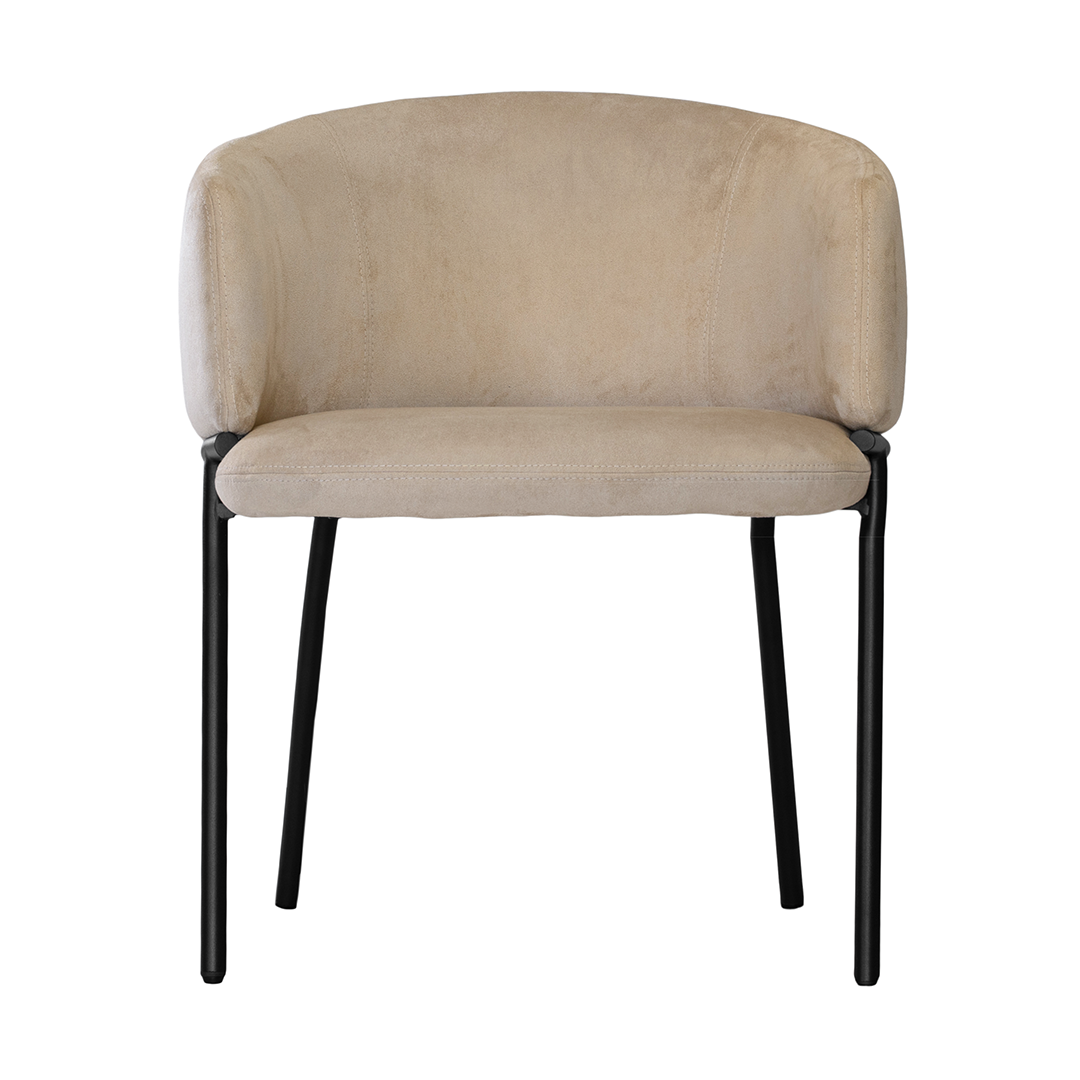 Lumo dining chair in bone with soft upholstered seat and curved backrest on slim black legs shown in a clean minimal setting.