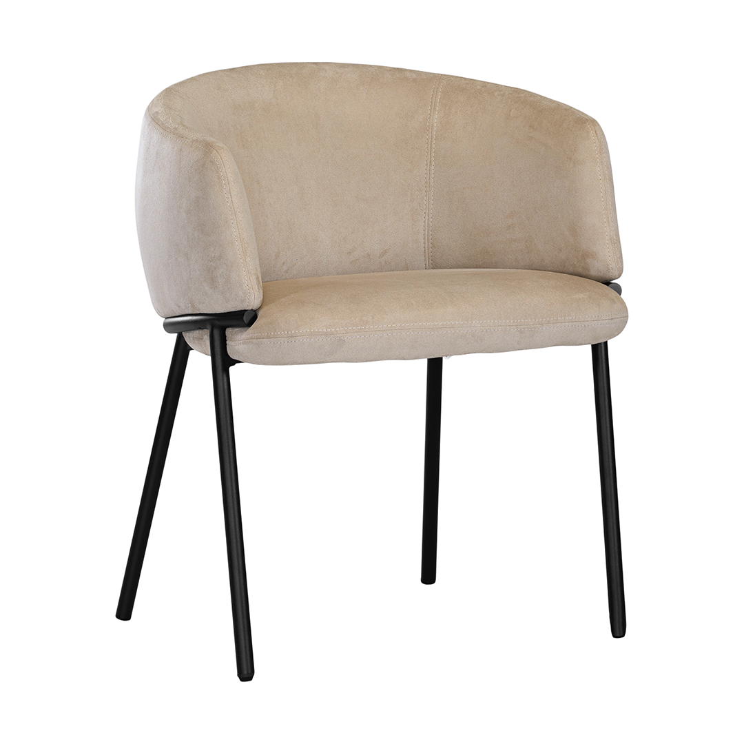 Lumo dining chair in bone with soft upholstered seat and curved backrest on slim black legs shown in a clean minimal setting.