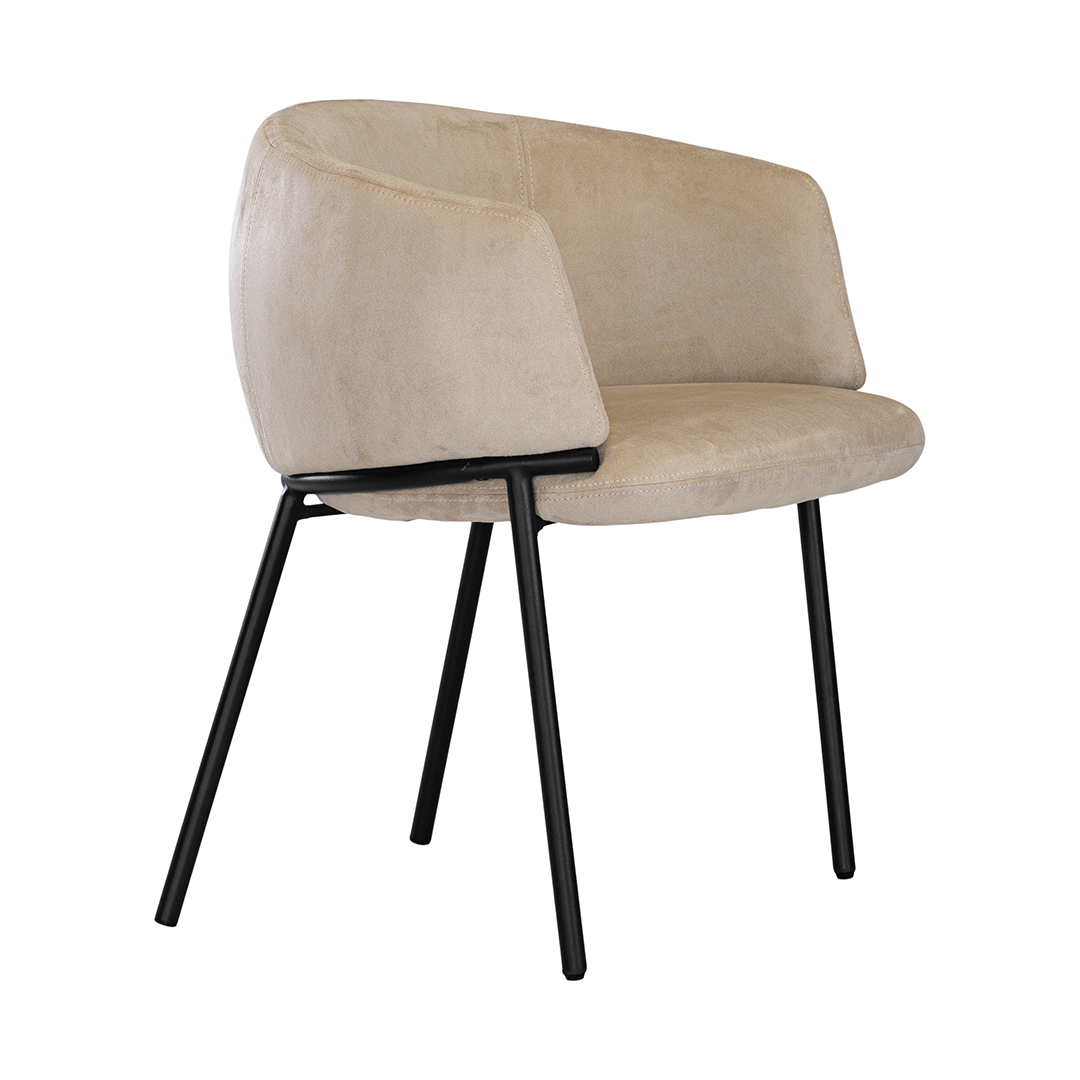 Lumo dining chair in bone with soft upholstered seat and curved backrest on slim black legs shown in a clean minimal setting.