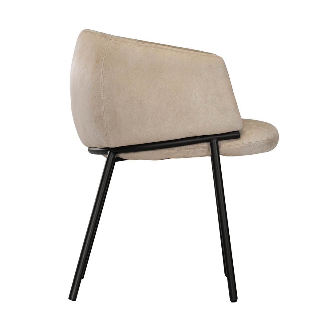 Lumo dining chair in bone with soft upholstered seat and curved backrest on slim black legs shown in a clean minimal setting.