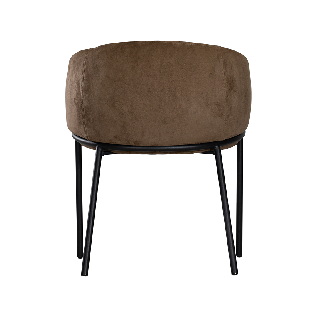 Lumo dining chair in cocoa with soft upholstered seat and curved backrest on slim black legs shown in a clean minimal setting.