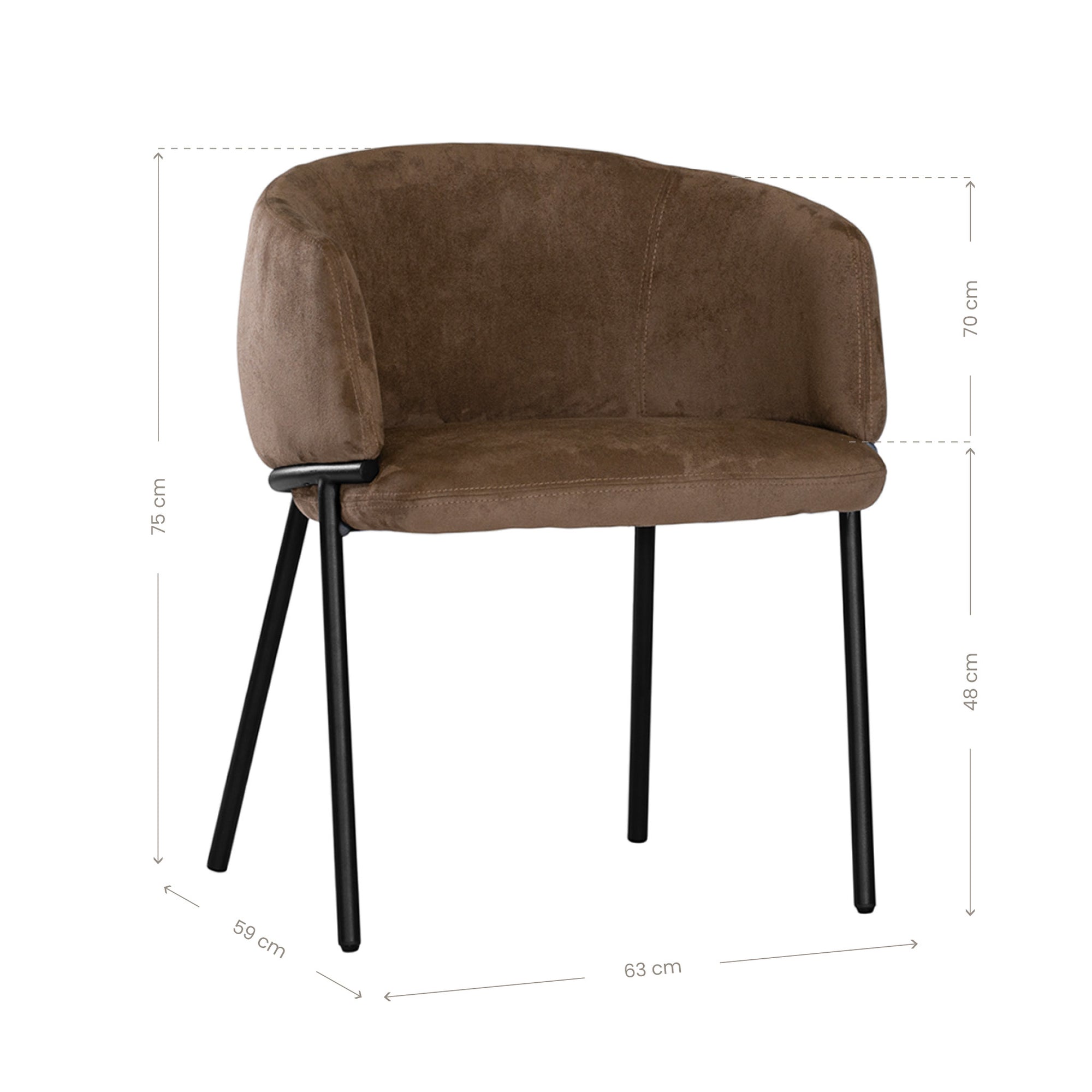 Lumo dining chair in cocoa with soft upholstered seat and curved backrest on slim black legs shown in a clean minimal setting.