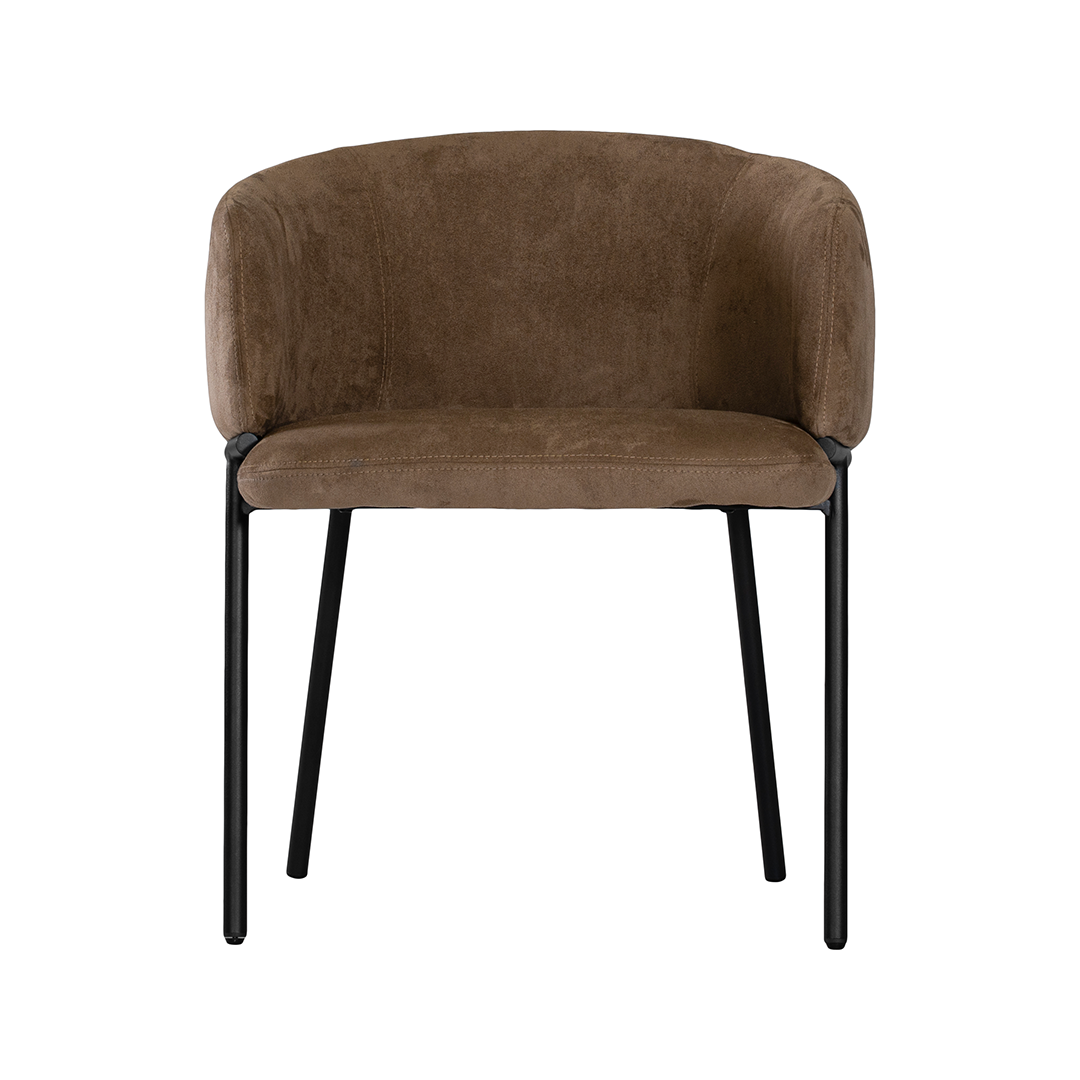 Lumo dining chair in cocoa with soft upholstered seat and curved backrest on slim black legs shown in a clean minimal setting.