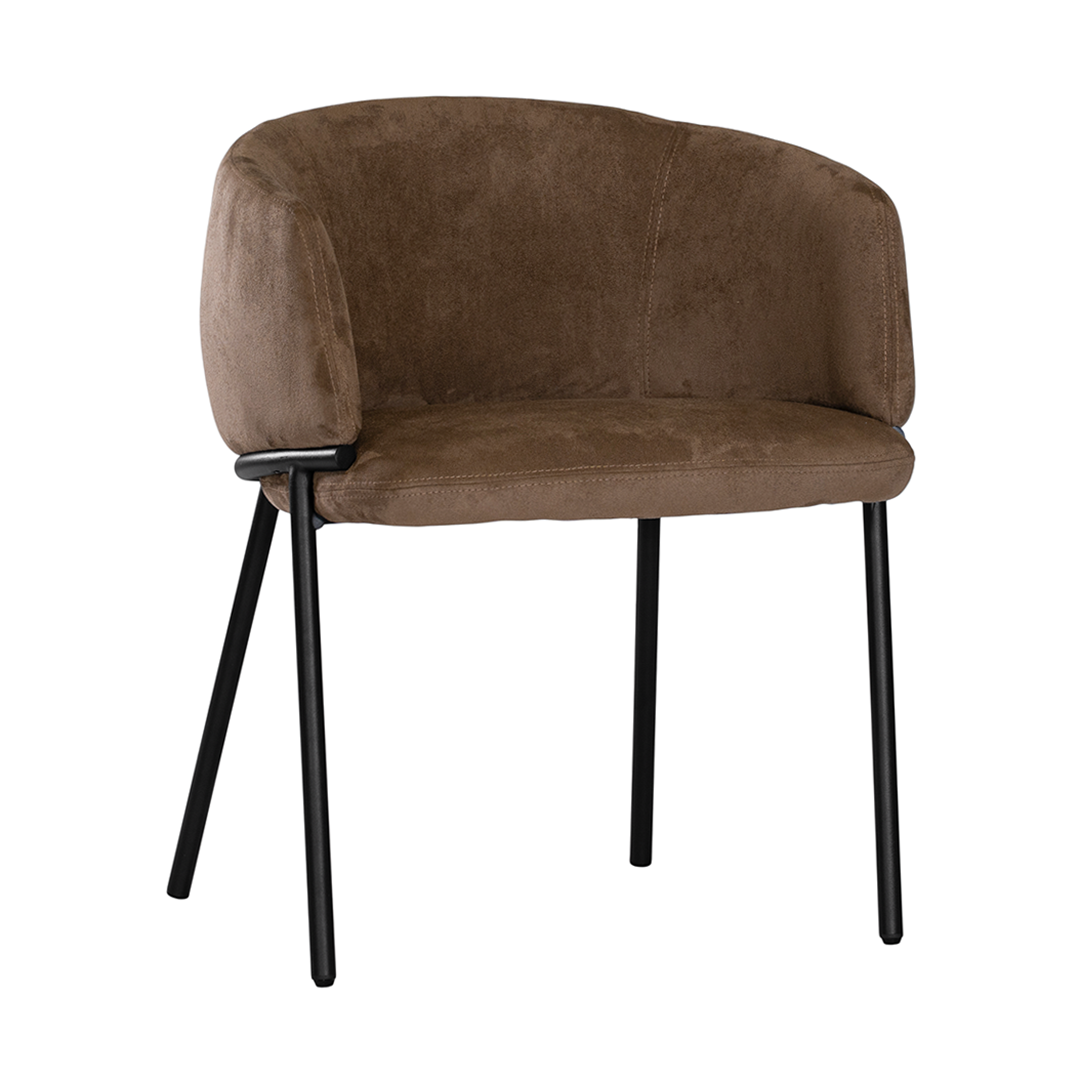 Lumo dining chair in cocoa with soft upholstered seat and curved backrest on slim black legs shown in a clean minimal setting.
