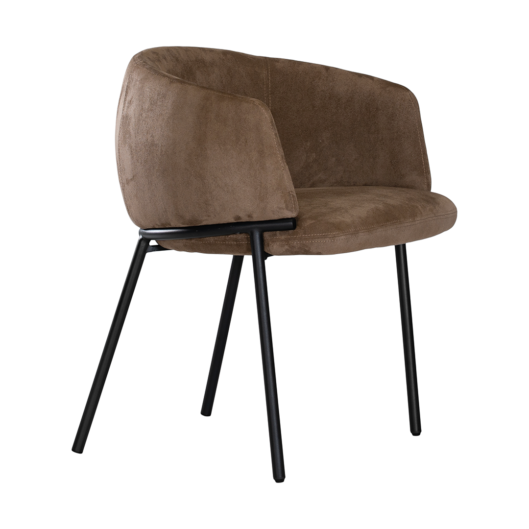 Lumo dining chair in cocoa with soft upholstered seat and curved backrest on slim black legs shown in a clean minimal setting.
