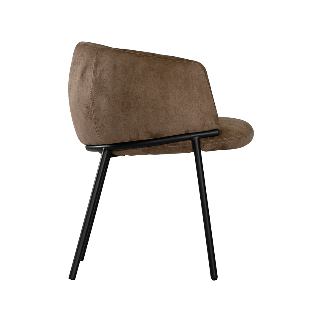 Lumo dining chair in cocoa with soft upholstered seat and curved backrest on slim black legs shown in a clean minimal setting.