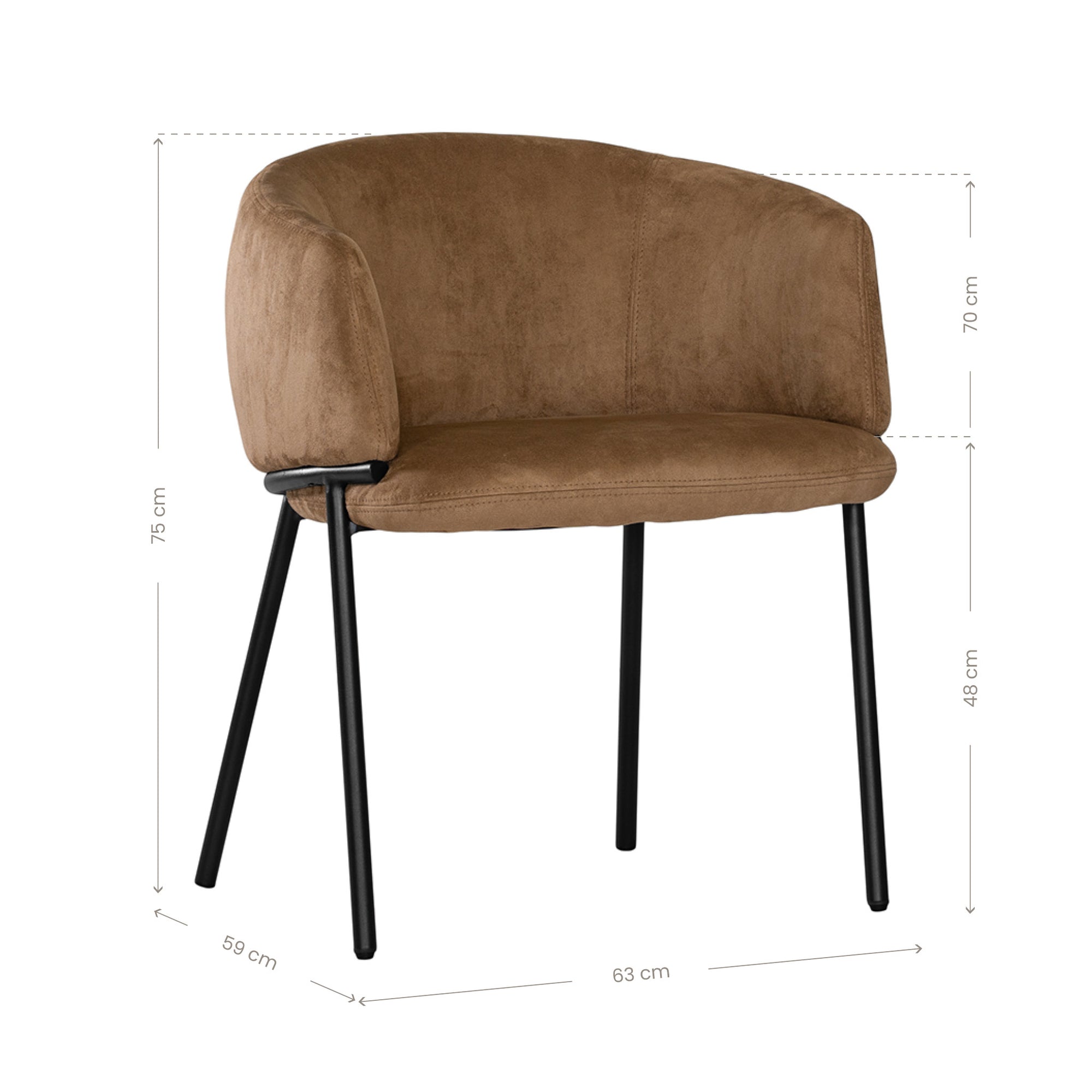 Lumo dining chair in hazelnut with soft upholstered seat and curved backrest on slim black legs shown in a clean minimal setting.