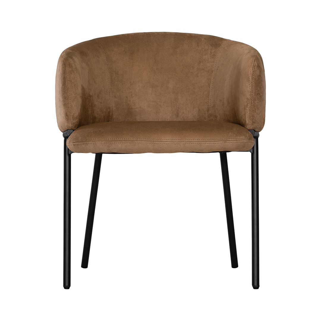 Lumo dining chair in hazelnut with soft upholstered seat and curved backrest on slim black legs shown in a clean minimal setting.