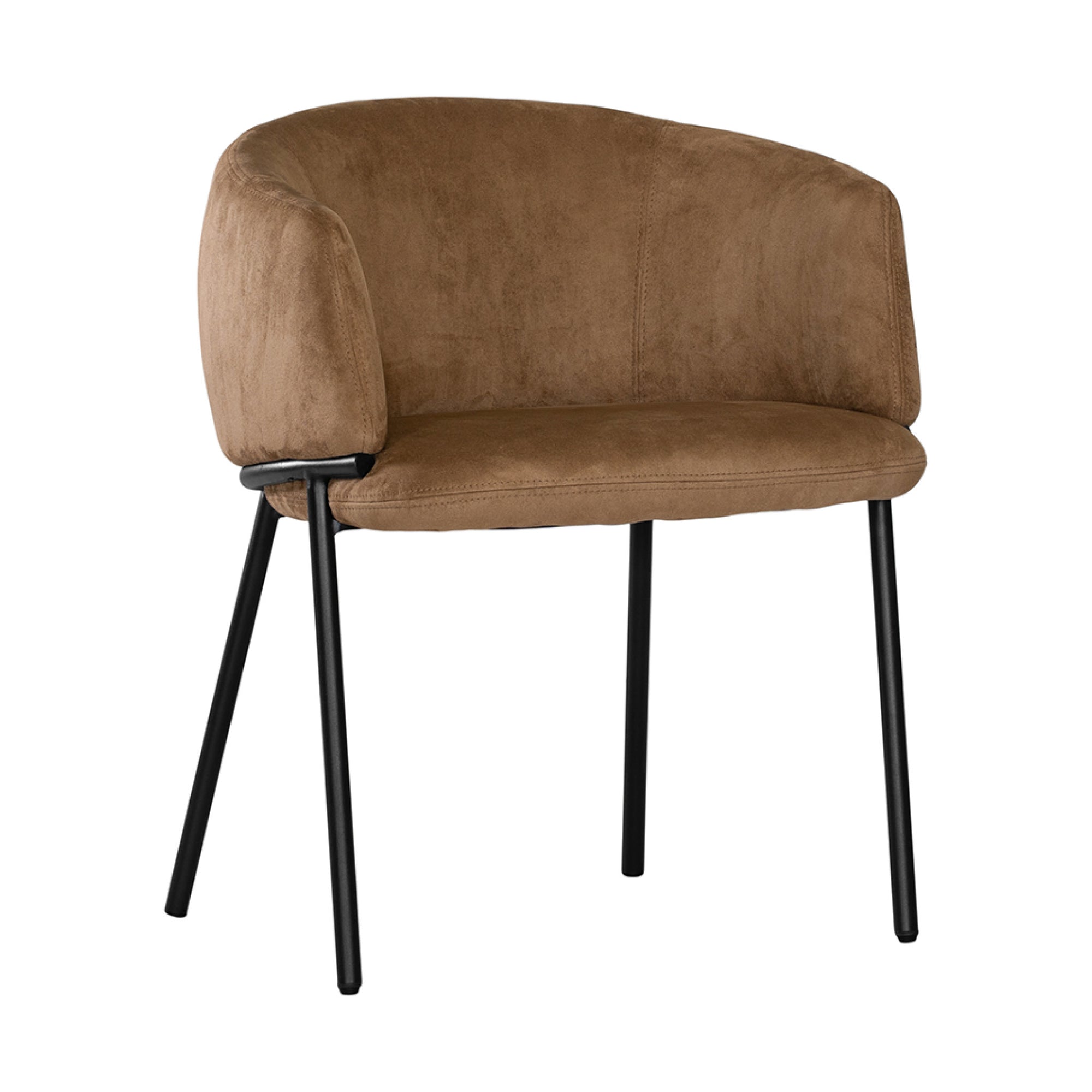 Lumo dining chair in hazelnut with soft upholstered seat and curved backrest on slim black legs shown in a clean minimal setting.
