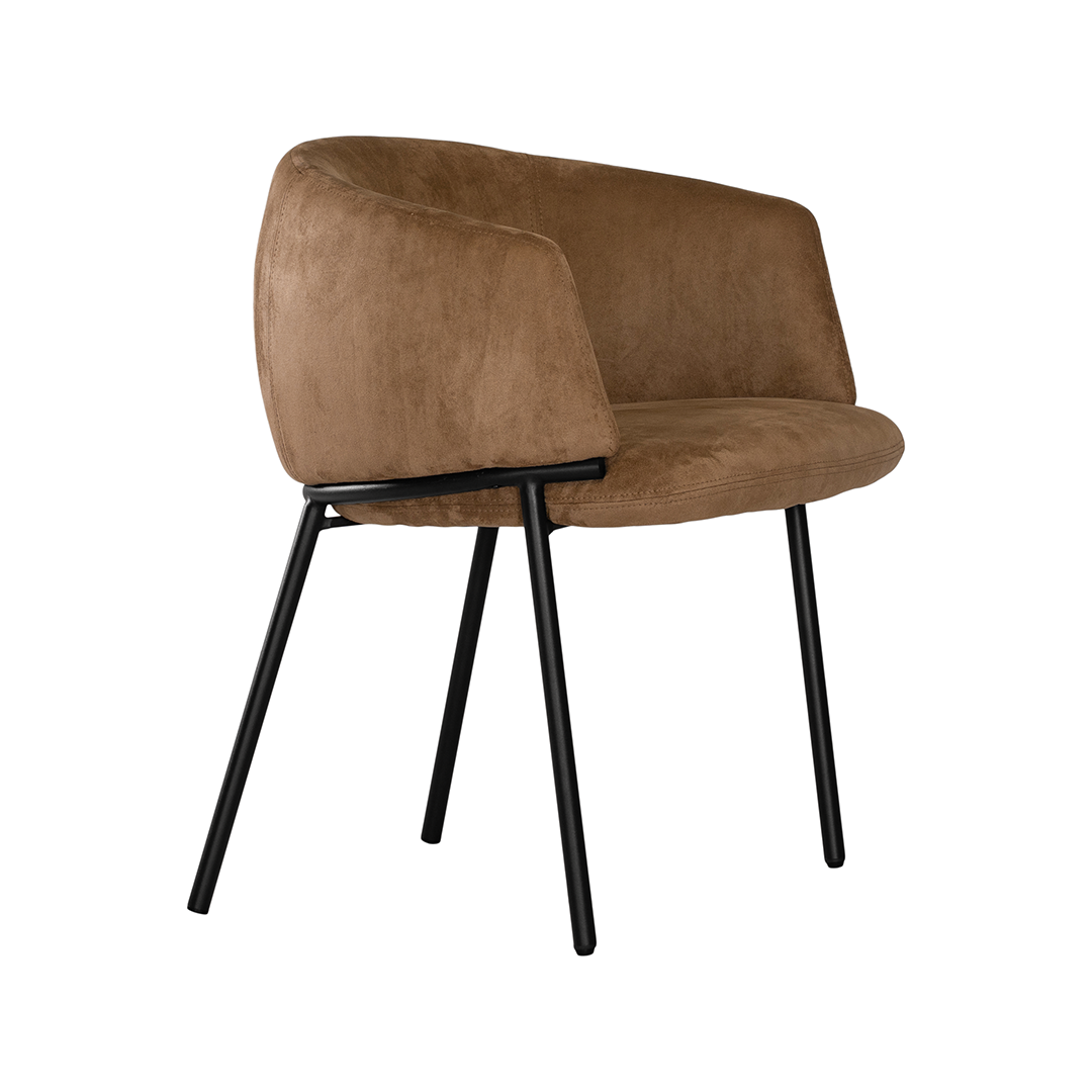 Lumo dining chair in hazelnut with soft upholstered seat and curved backrest on slim black legs shown in a clean minimal setting.