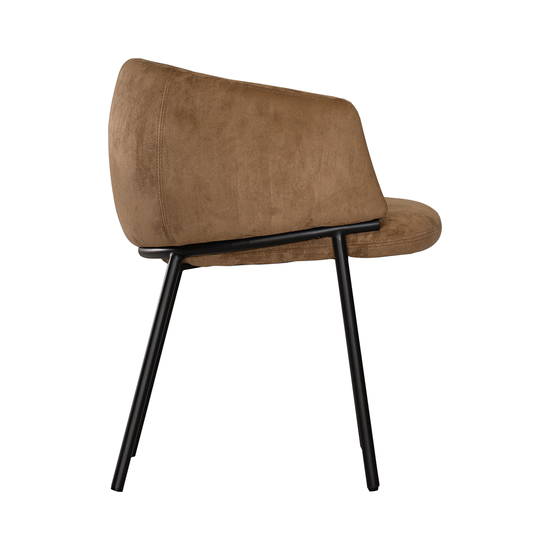Lumo dining chair in hazelnut with soft upholstered seat and curved backrest on slim black legs shown in a clean minimal setting.