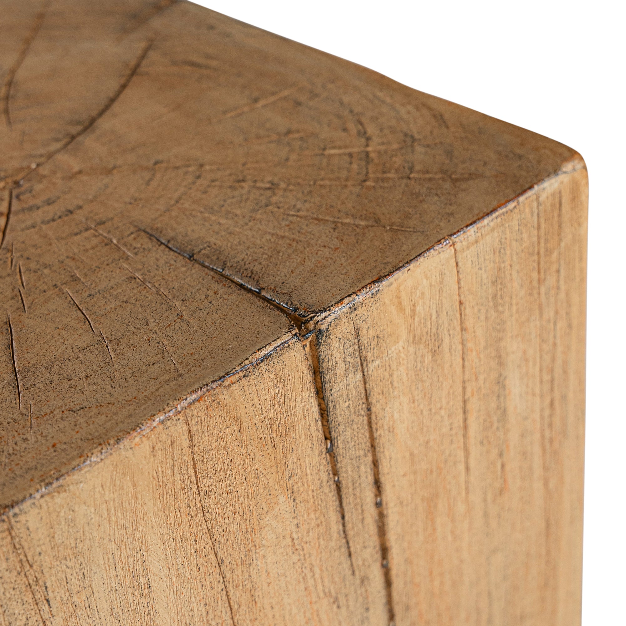 Kulala Living solid magnesium oxide block side table, showcasing organic grain patterns and a minimalist cube design. A versatile and stylish furniture piece