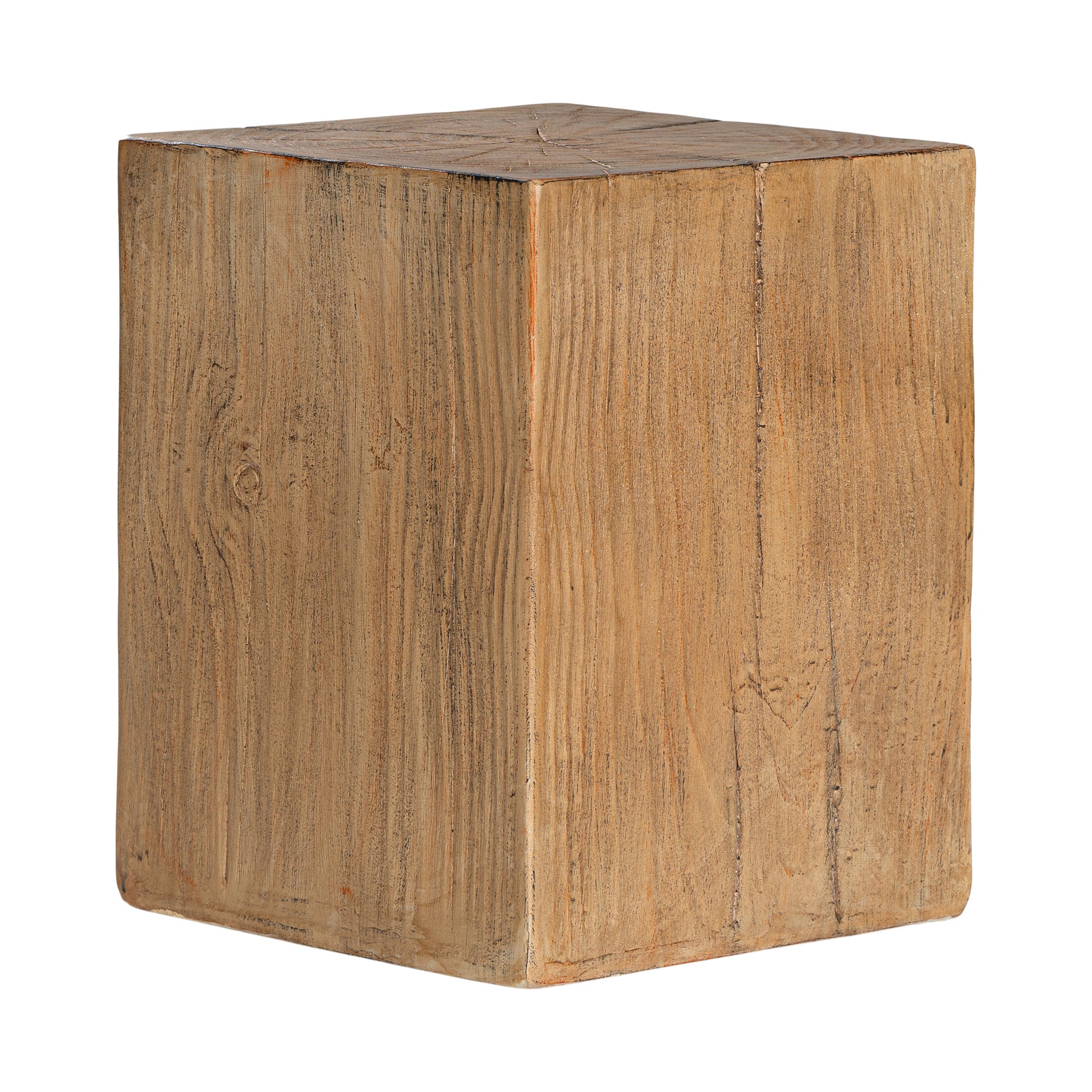 Kulala Living solid magnesium oxide block side table, showcasing organic grain patterns and a minimalist cube design. A versatile and stylish furniture piece