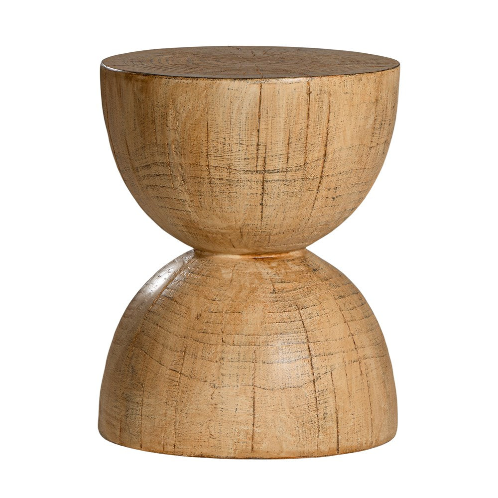 A sculptural solid magnesium oxide side table featuring an elegant hourglass silhouette with a natural wood grain finish. Perfect as a bedside table or accent piece in contemporary and coastal-inspired interiors