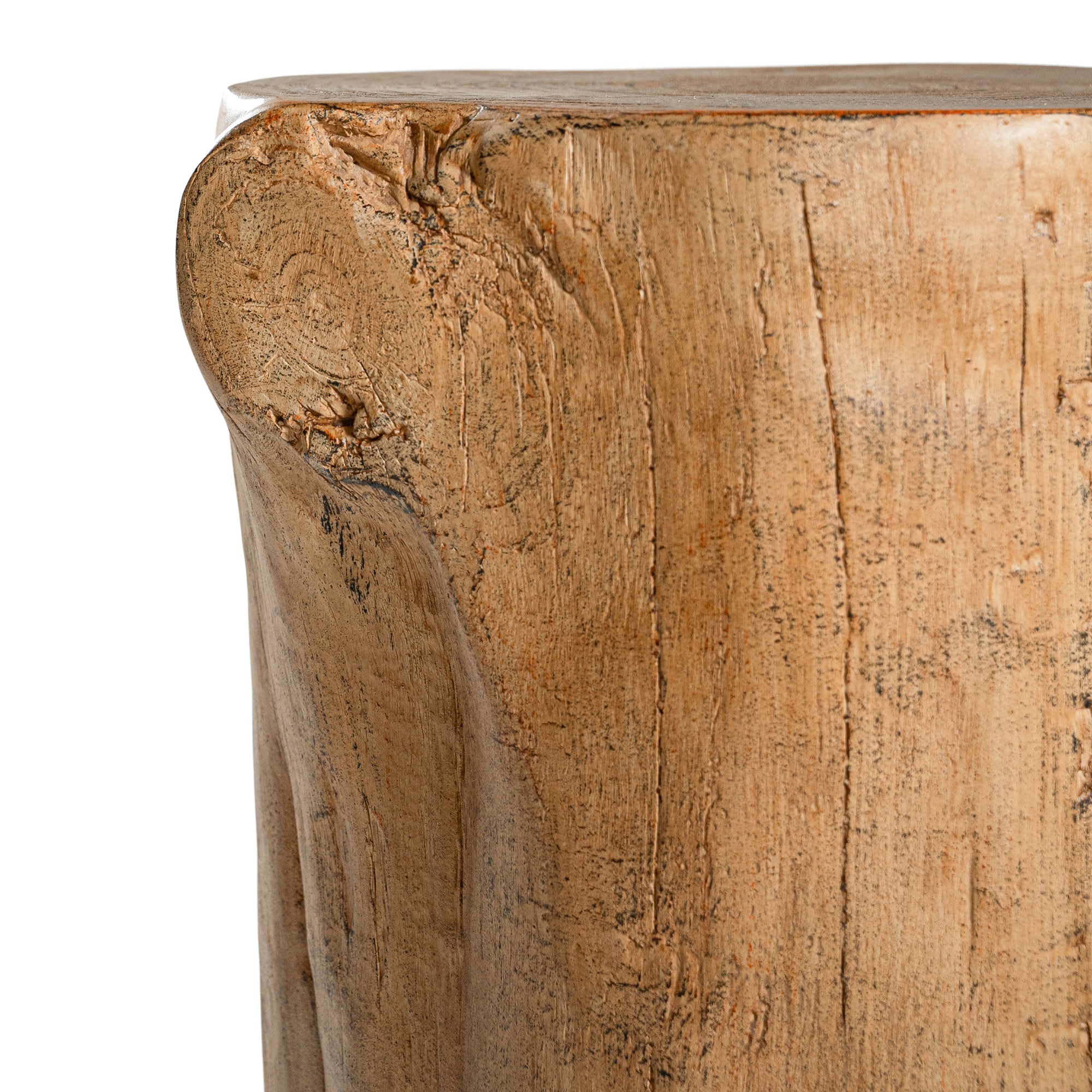 Magnesium oxide stump side table with a natural wood finish, showcasing organic grain patterns and rustic texture, ideal for indoor or outdoor styling.