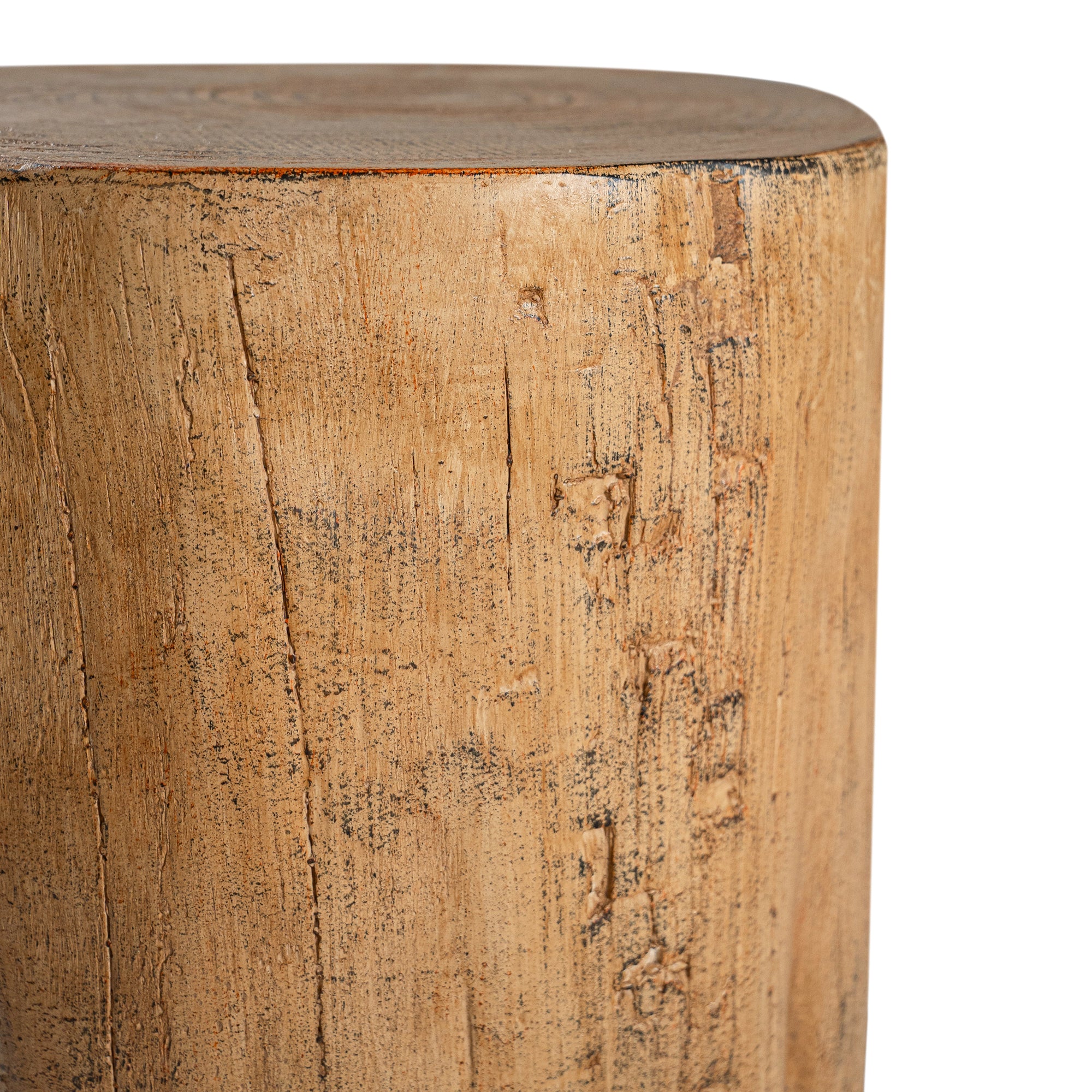 Magnesium oxide stump side table with a natural wood finish, showcasing organic grain patterns and rustic texture, ideal for indoor or outdoor styling.