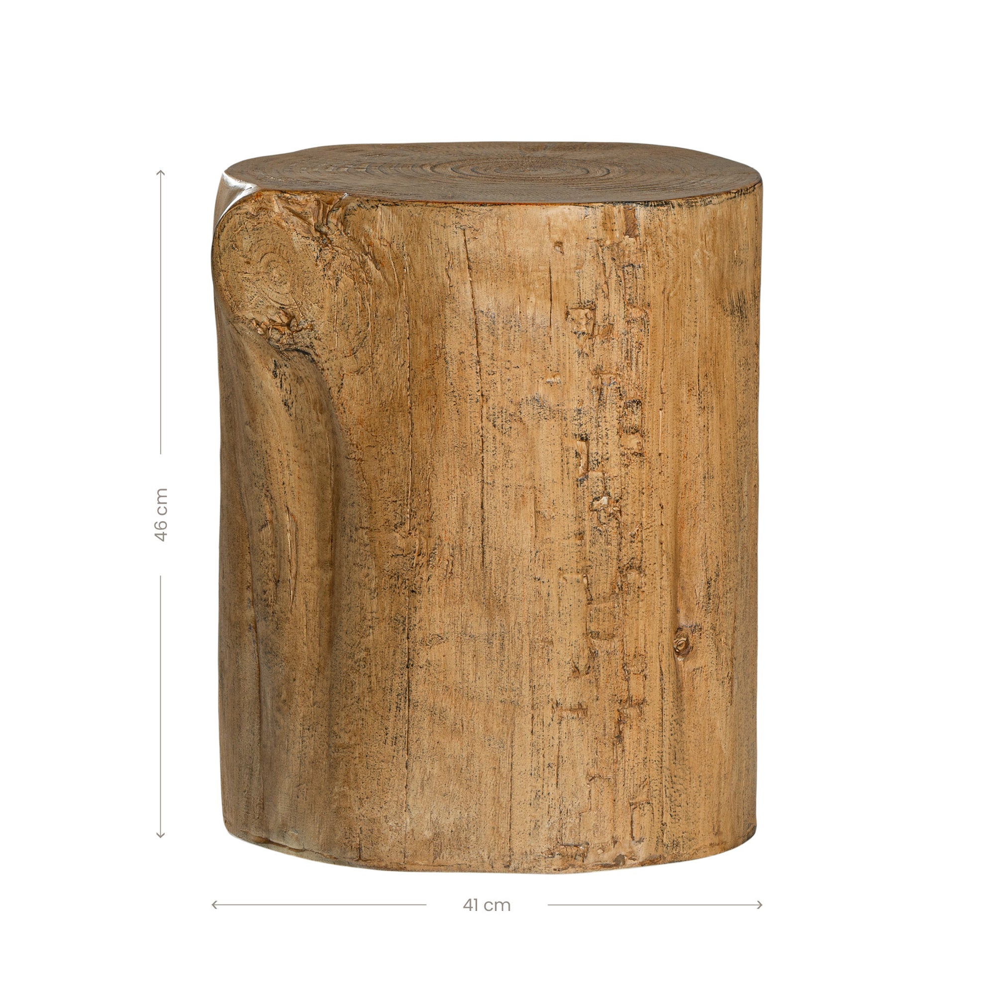Magnesium oxide stump side table with a natural wood finish, showcasing organic grain patterns and rustic texture, ideal for indoor or outdoor styling.