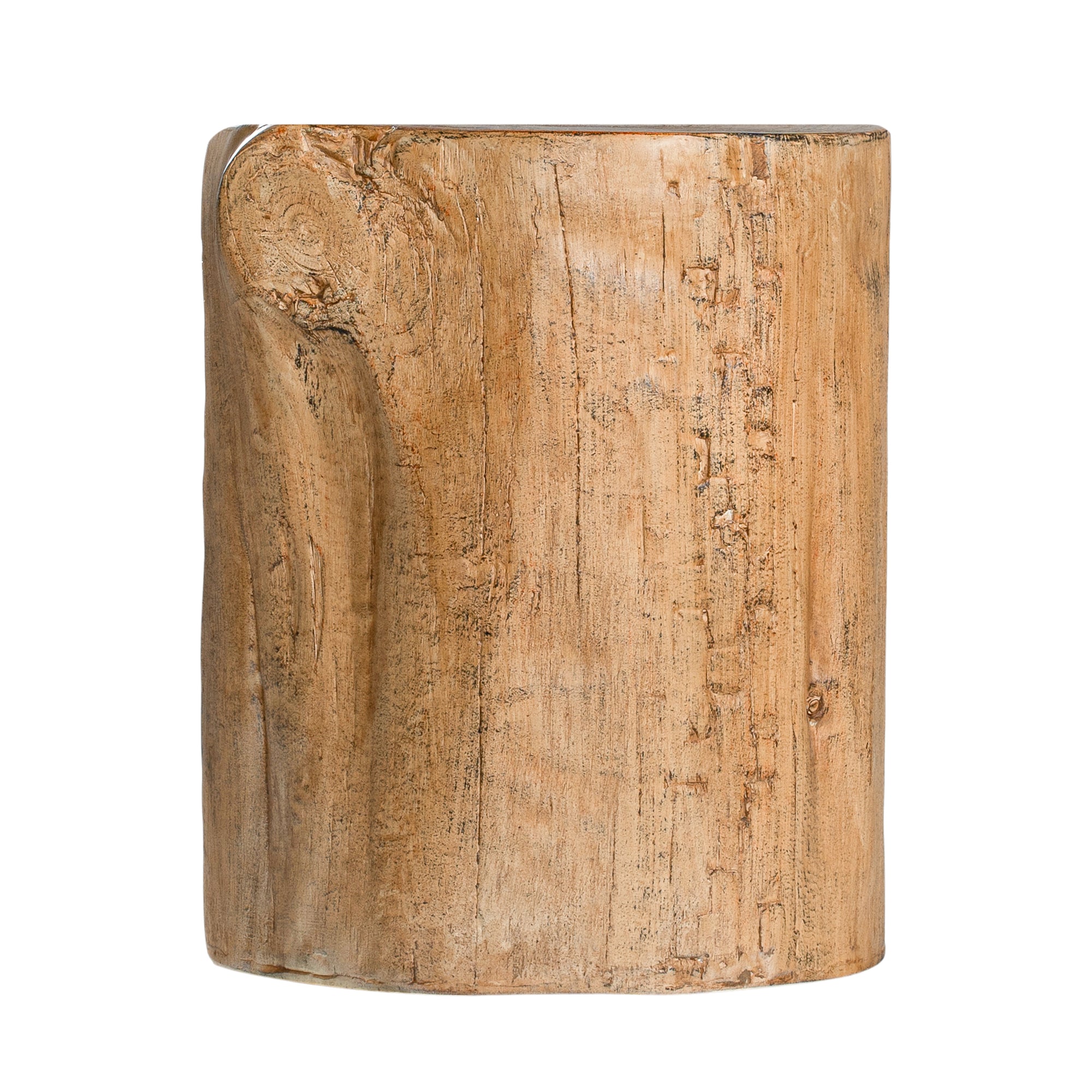 Magnesium oxide stump side table with a natural wood finish, showcasing organic grain patterns and rustic texture, ideal for indoor or outdoor styling.
