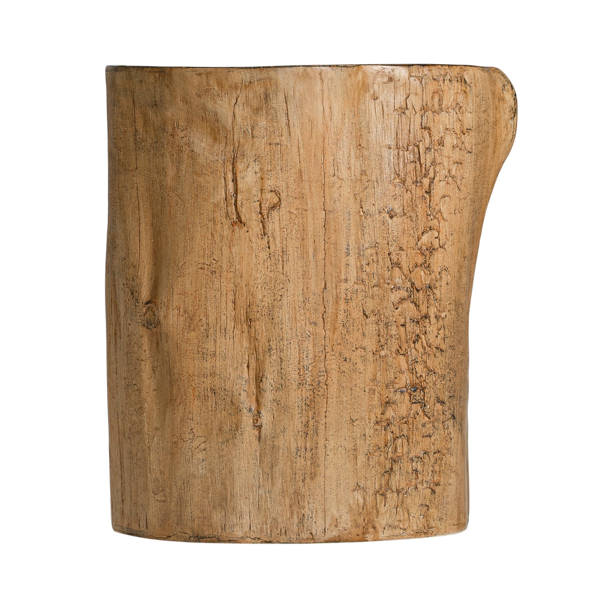 Magnesium oxide stump side table with a natural wood finish, showcasing organic grain patterns and rustic texture, ideal for indoor or outdoor styling.
