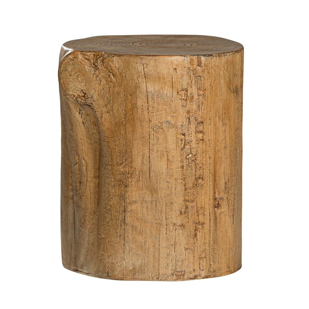 Magnesium oxide stump side table with a natural wood finish, showcasing organic grain patterns and rustic texture, ideal for indoor or outdoor styling.