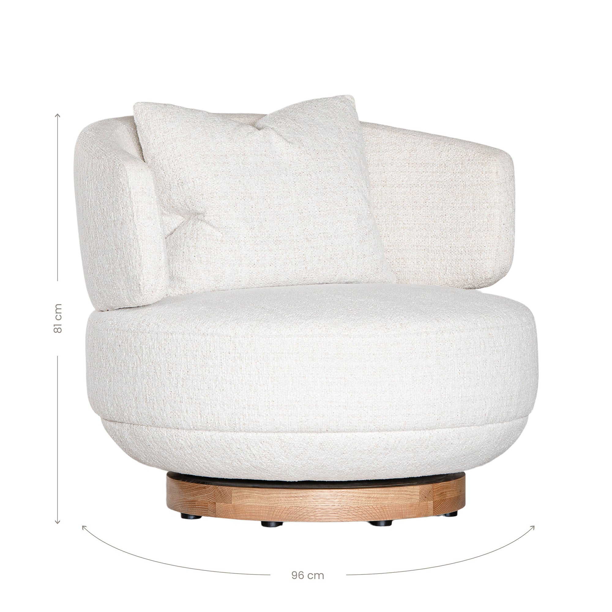 The Maja Occasional Chair from Kulala Living, a luxurious boucle swivel chair with a plush, rounded silhouette and a natural timber base, designed for both style and comfort in contemporary interiors