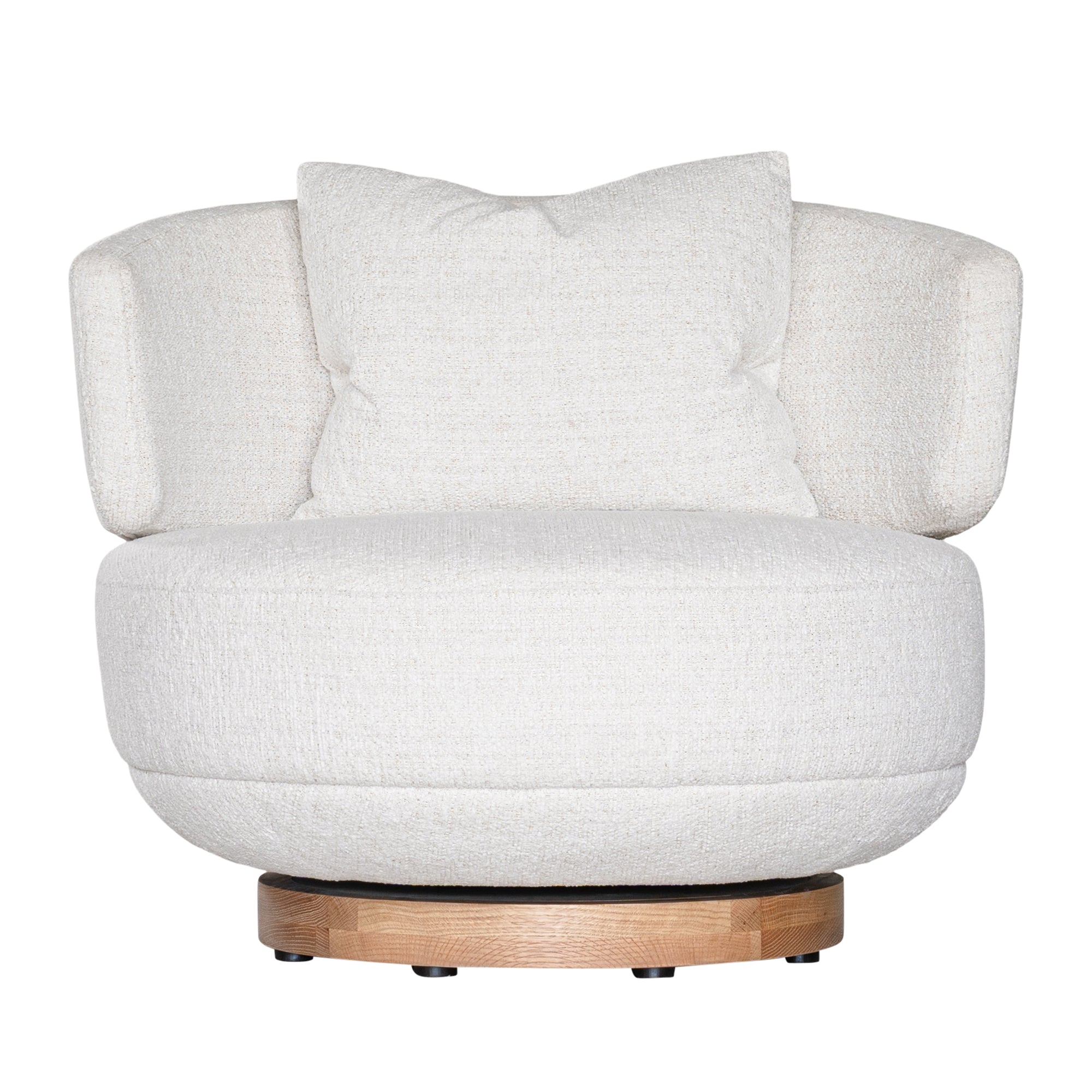 The Maja Occasional Chair from Kulala Living, a luxurious boucle swivel chair with a plush, rounded silhouette and a natural timber base, designed for both style and comfort in contemporary interiors