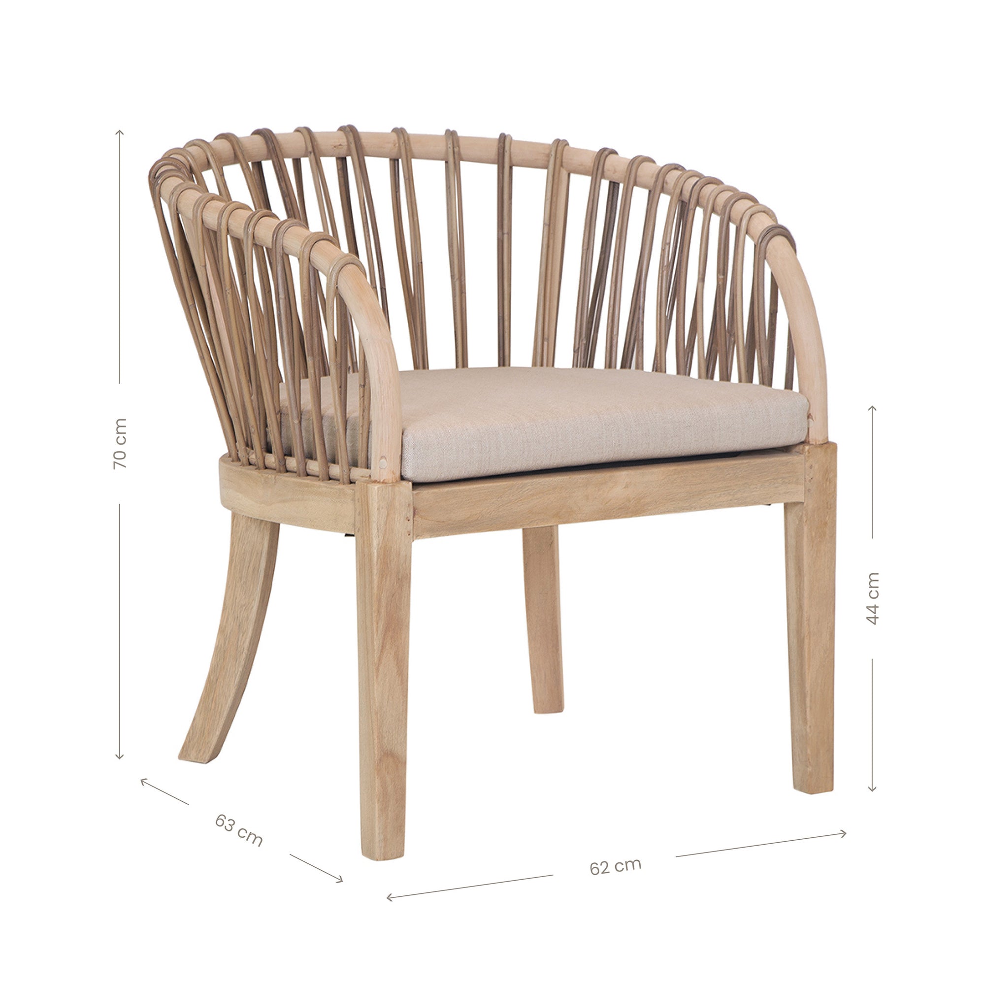 Makena chair in natural rattan with a linen seat cushion, featuring a curved backrest and sturdy timber frame, perfect for a relaxed dining setting