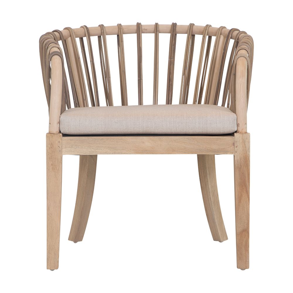 Makena chair in natural rattan with a linen seat cushion, featuring a curved backrest and sturdy timber frame, perfect for a relaxed dining setting