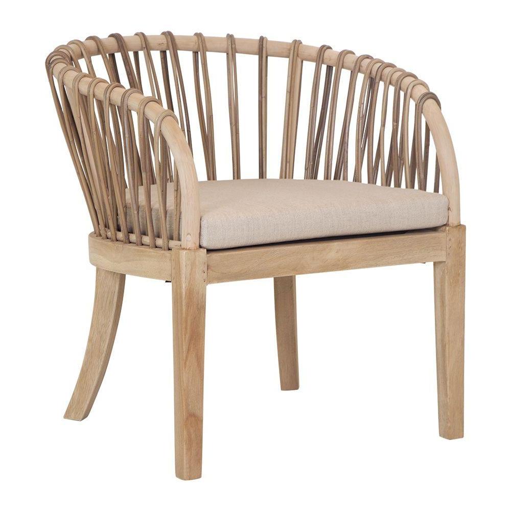 Makena chair in natural rattan with a linen seat cushion, featuring a curved backrest and sturdy timber frame, perfect for a relaxed dining setting
