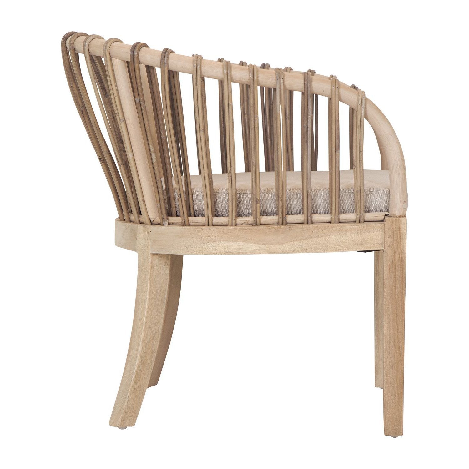 Makena chair in natural rattan with a linen seat cushion, featuring a curved backrest and sturdy timber frame, perfect for a relaxed dining setting