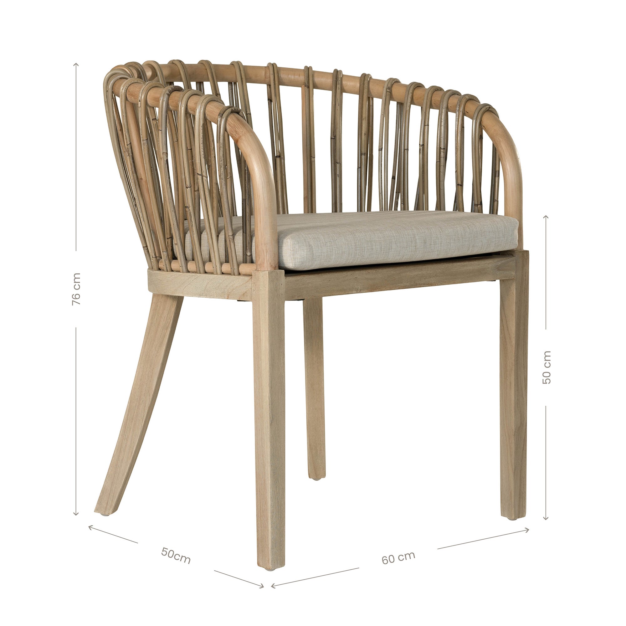 Makena chair in natural rattan with a linen seat cushion, featuring a curved backrest and sturdy timber frame, perfect for a relaxed dining setting