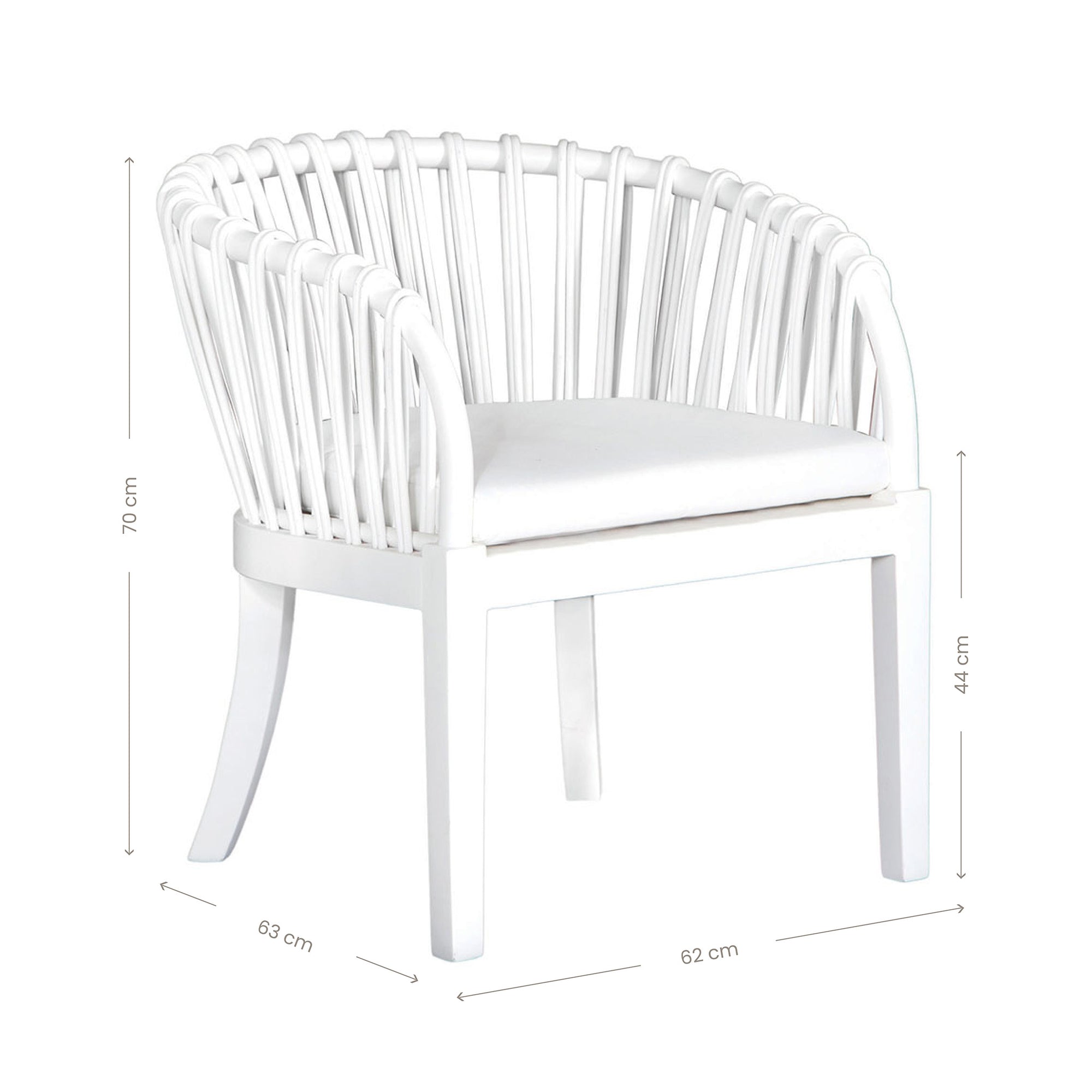 Makena chair in white rattan with a linen seat cushion, featuring a curved backrest and sturdy timber frame, perfect for a relaxed dining setting