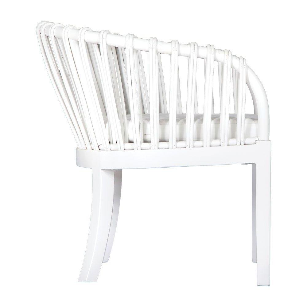 Makena chair in white rattan with a linen seat cushion, featuring a curved backrest and sturdy timber frame, perfect for a relaxed dining setting