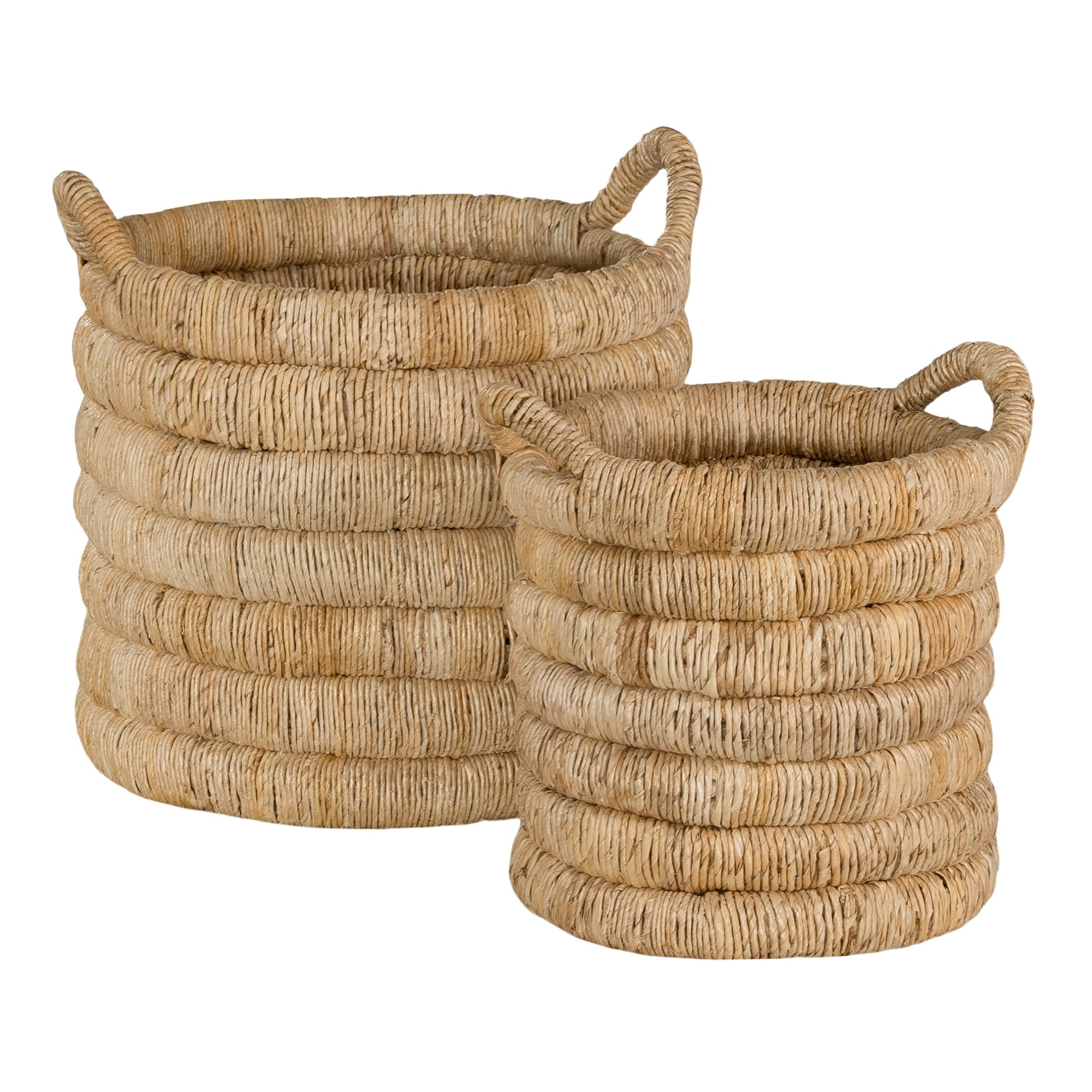 Mara natural handwoven storage baskets with integrated handles in warm textured fibre set on a neutral background