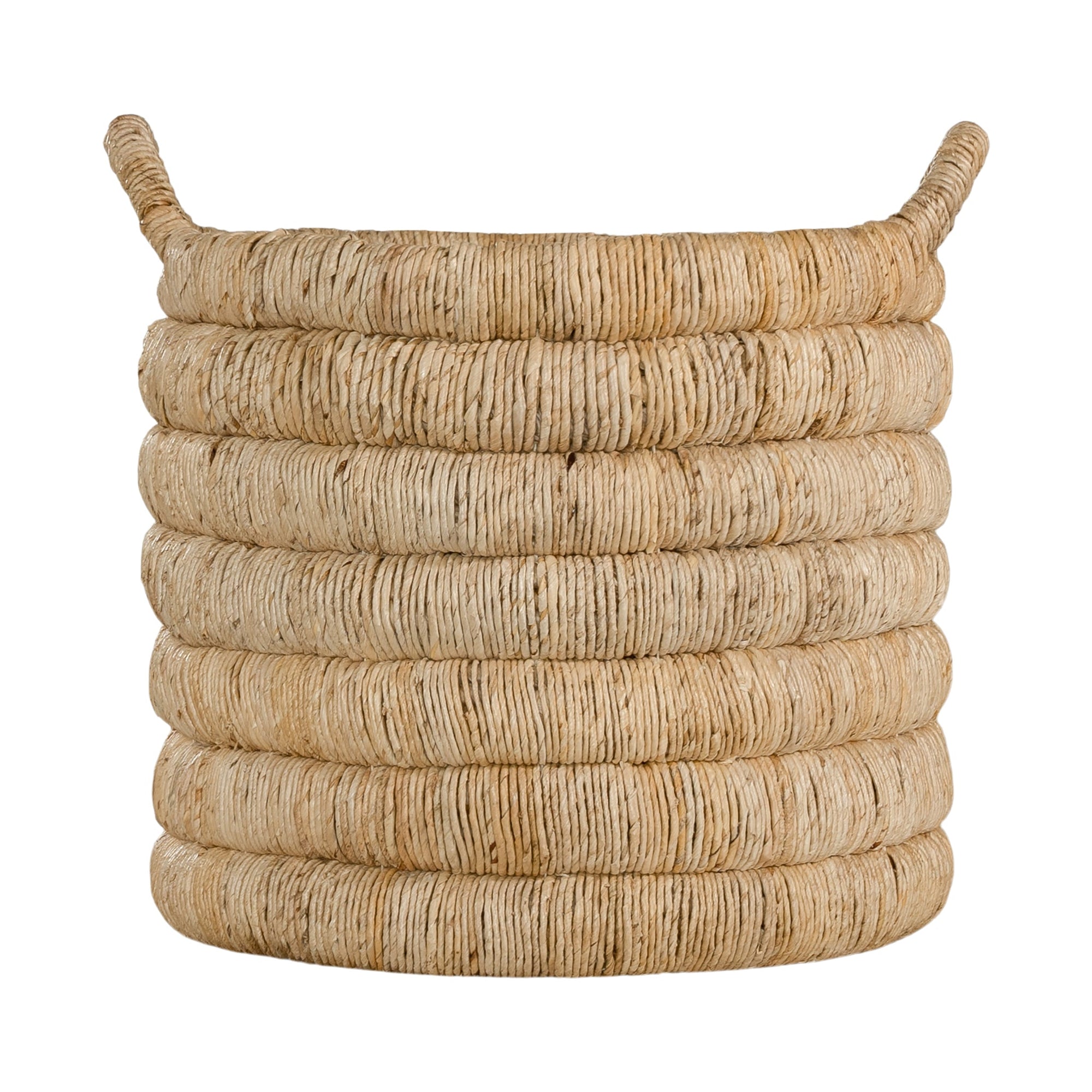 Mara natural handwoven storage basket with integrated handles in warm textured fibre set on a neutral background